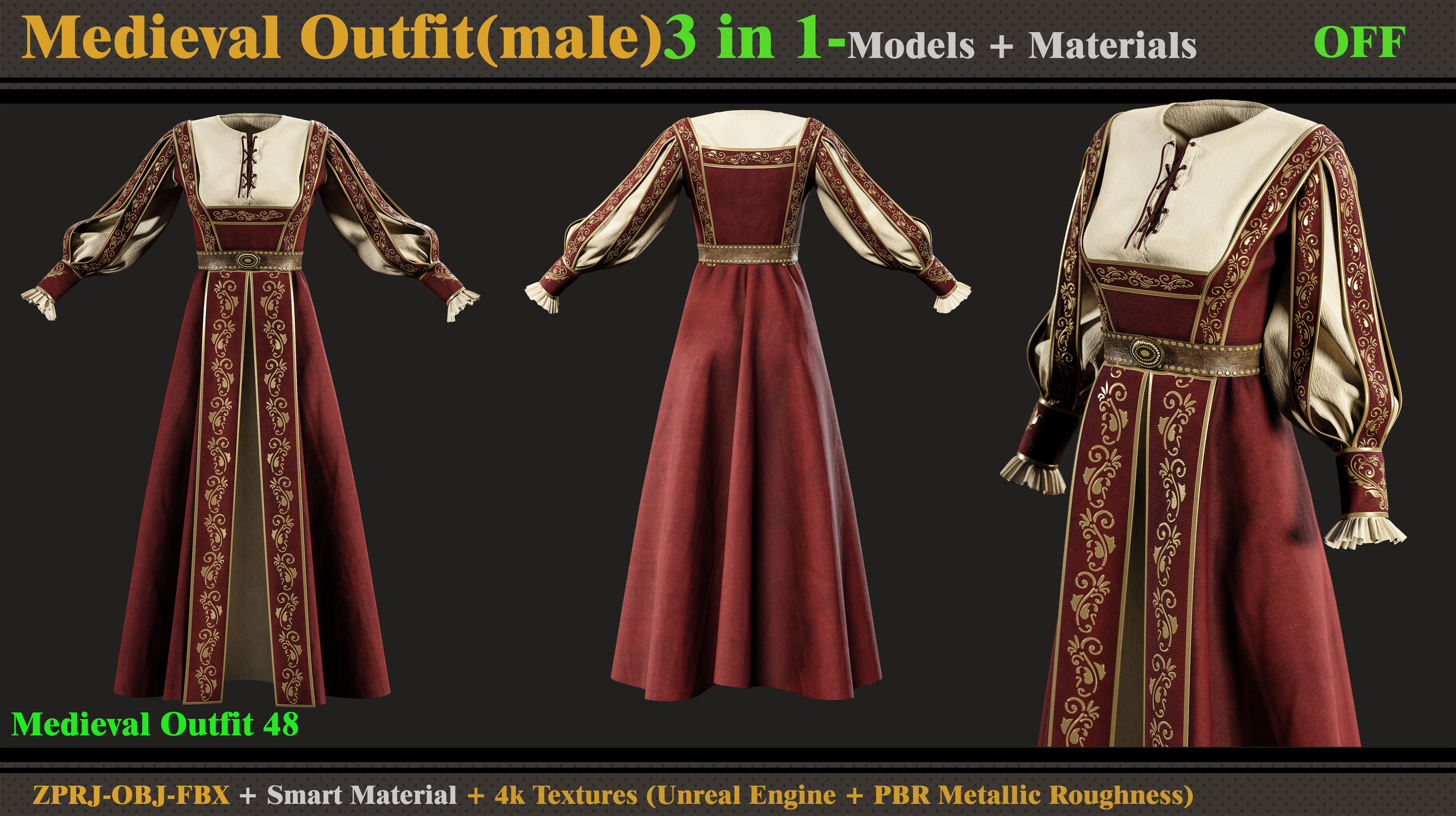 3 in 1 Medieval Outfit-Clo3d-OBJ-FBX-ZPRJ-Material- Textures 3D model_4