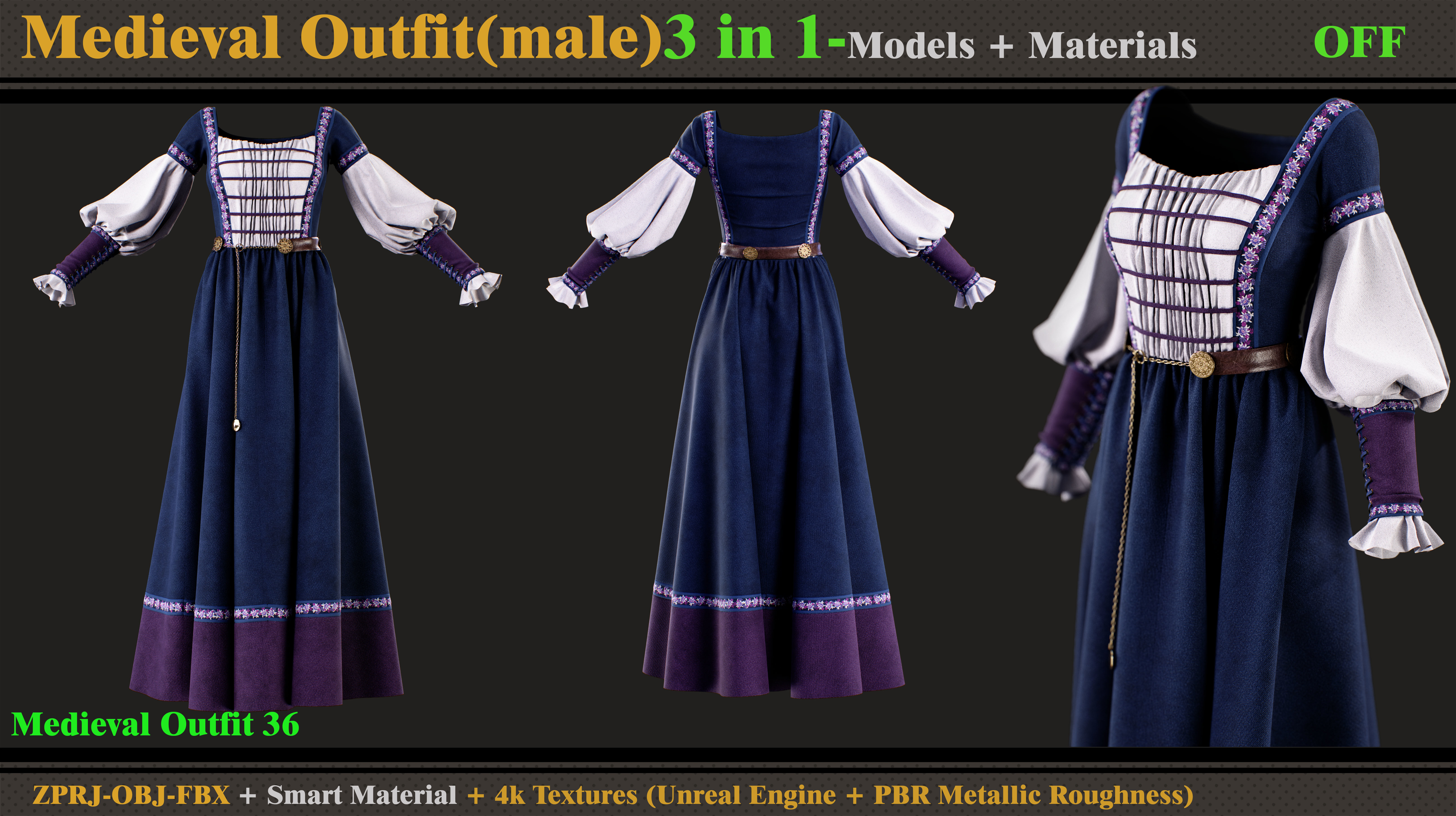 3 in 1 Medieval Outfit-Clo3d-OBJ-FBX-ZPRJ-Material- Textures 3D model_2