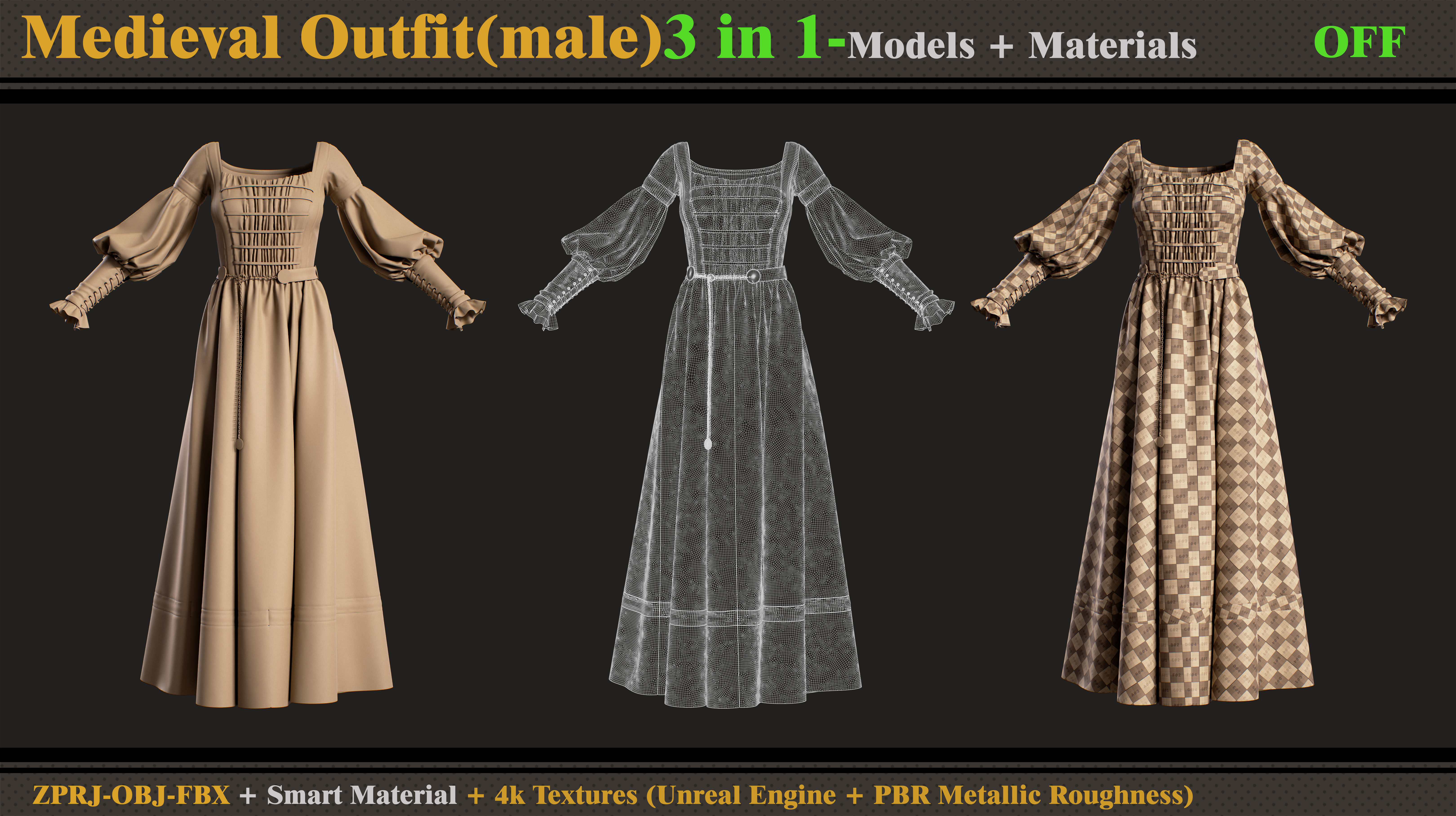 3 in 1 Medieval Outfit-Clo3d-OBJ-FBX-ZPRJ-Material- Textures 3D model_8