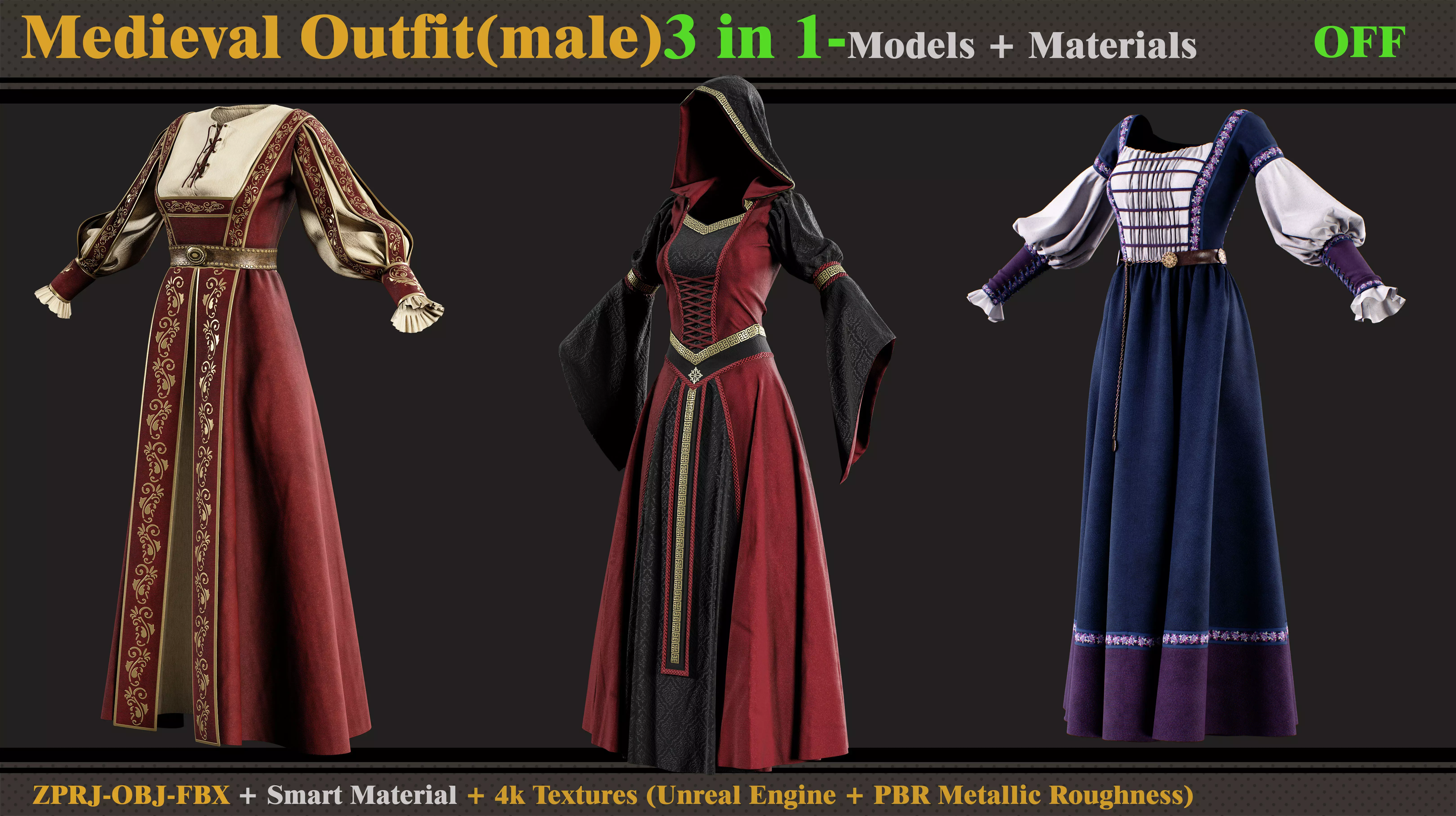 3 in 1 Medieval Outfit-Clo3d-OBJ-FBX-ZPRJ-Material- Textures 3D model_0