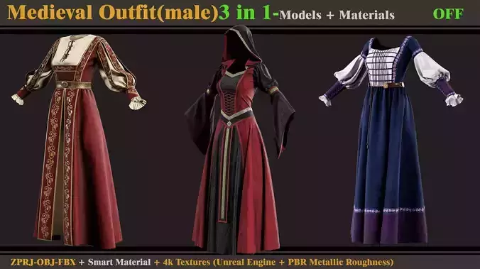 3 in 1 Medieval Outfit-Clo3d-OBJ-FBX-ZPRJ-Material- Textures