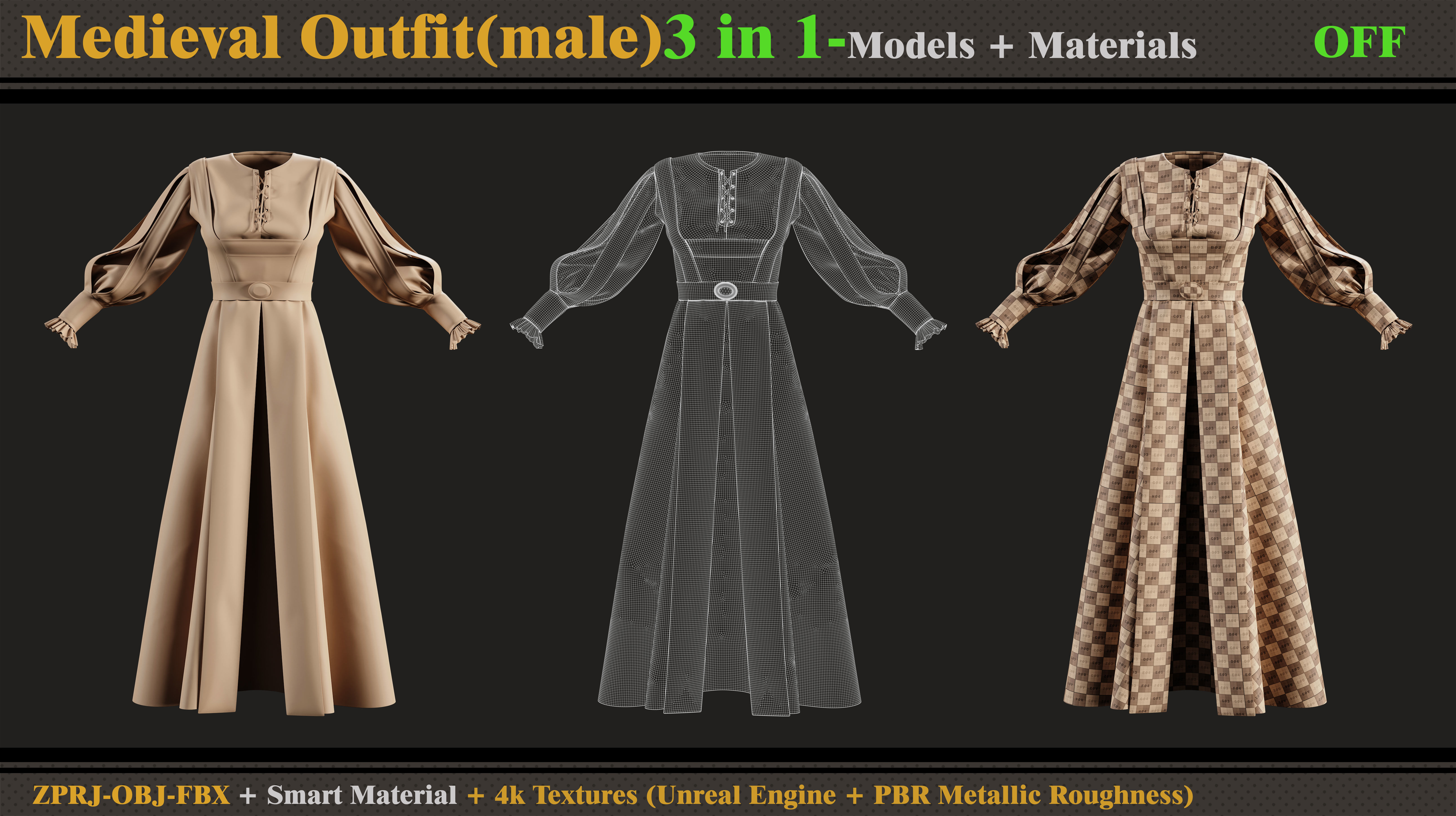 3 in 1 Medieval Outfit-Clo3d-OBJ-FBX-ZPRJ-Material- Textures 3D model_1