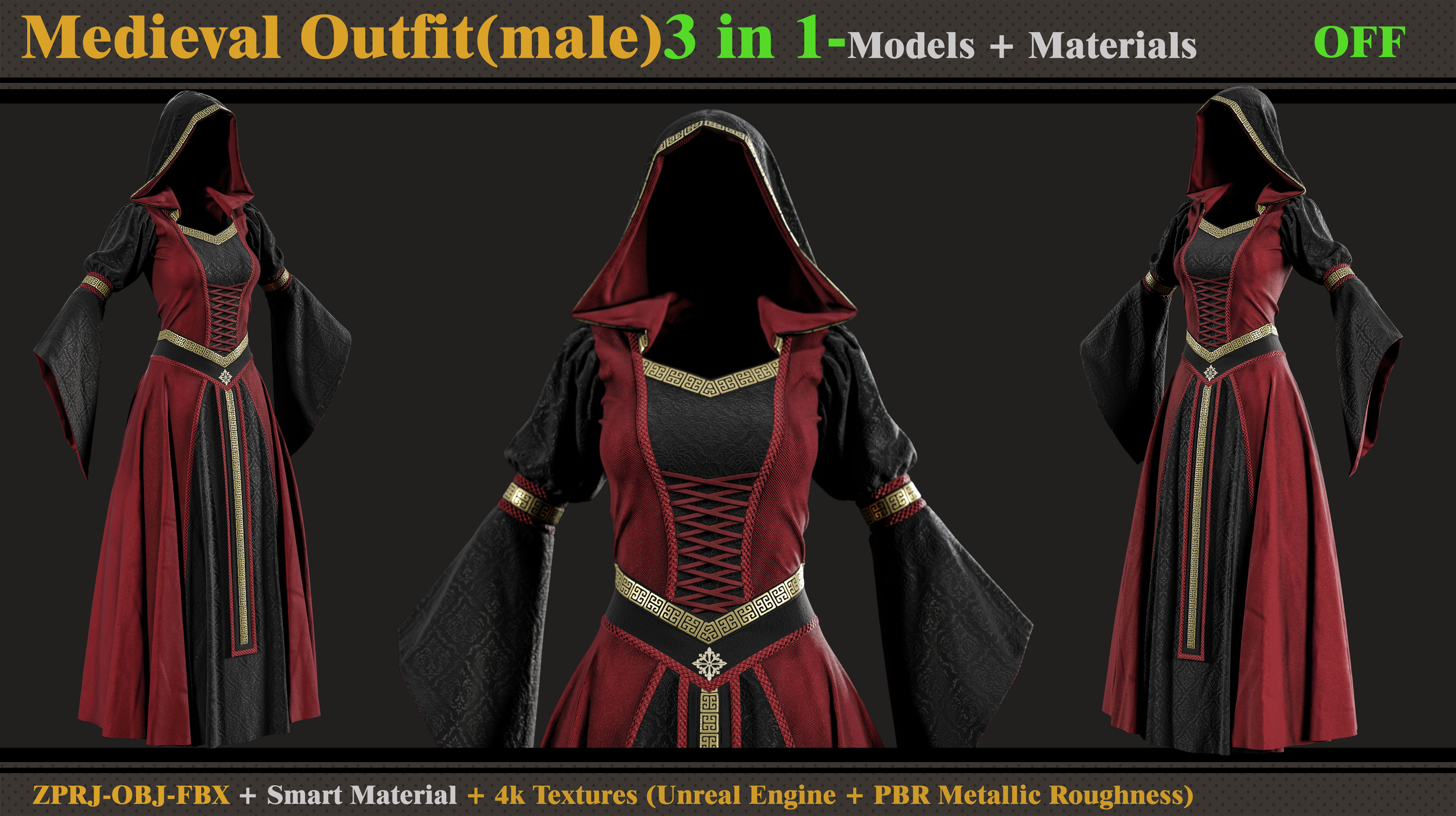 3 in 1 Medieval Outfit-Clo3d-OBJ-FBX-ZPRJ-Material- Textures 3D model_6