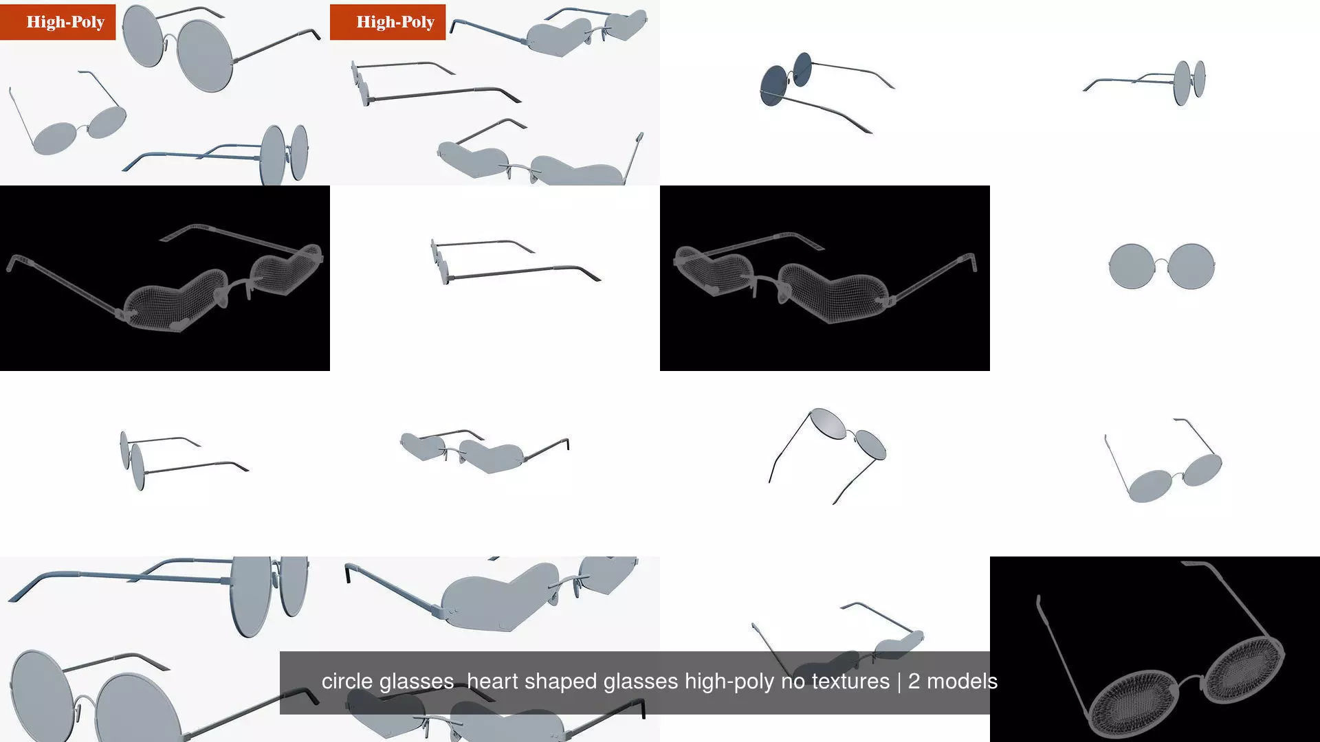 circle glasses  heart shaped glasses high-poly no textures 3D Model Collection_1