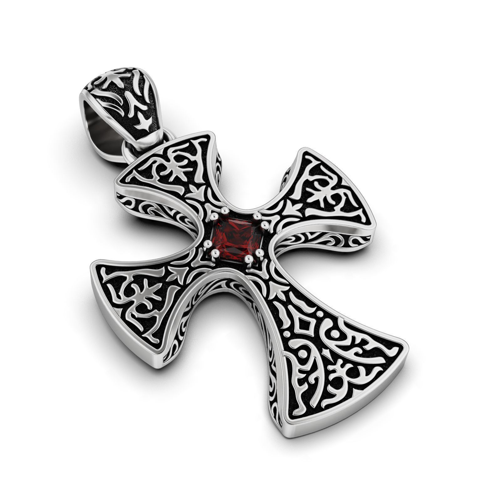 Gothic Cross Pendant with Garnet Gemstone 3D print model_2