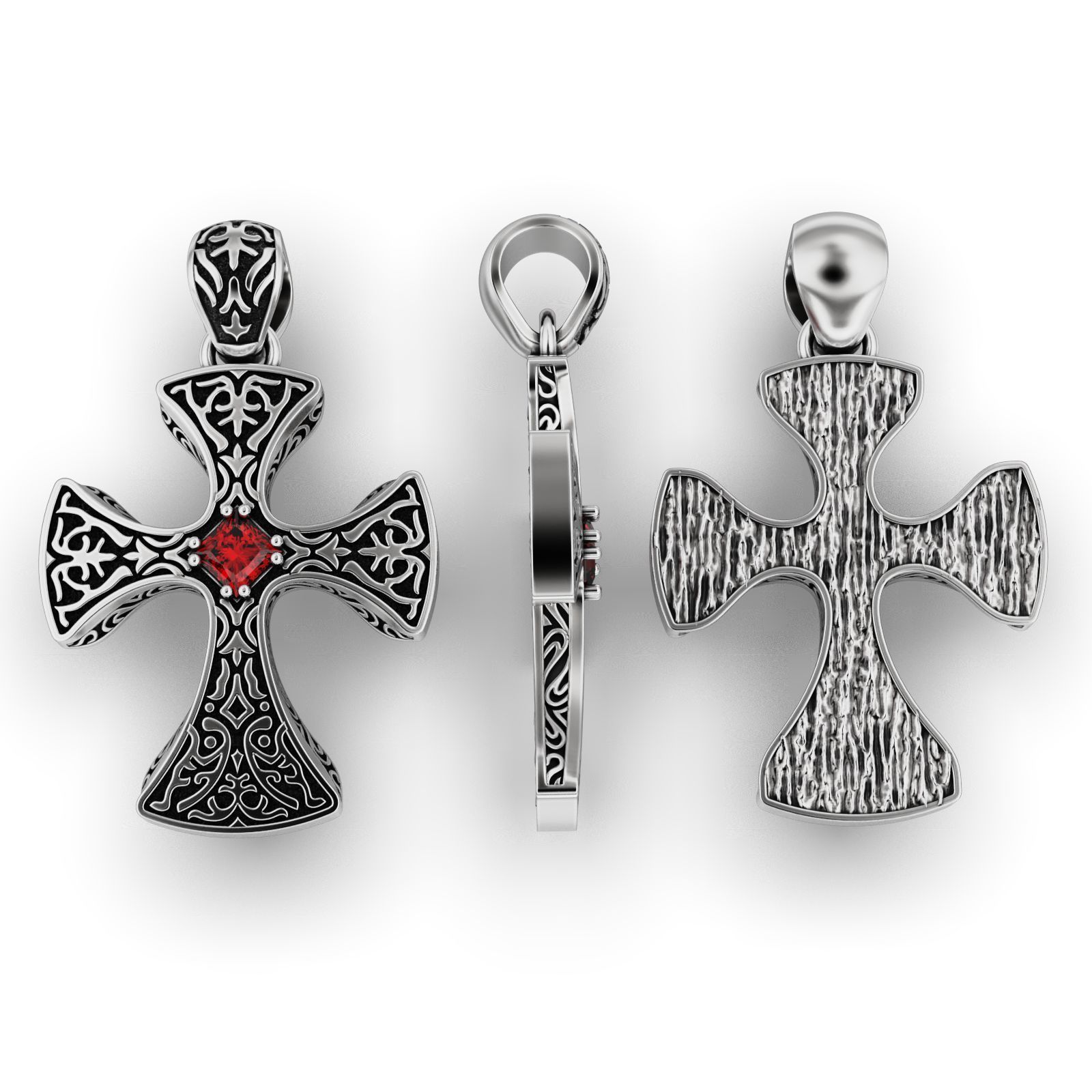 Gothic Cross Pendant with Garnet Gemstone 3D print model_1