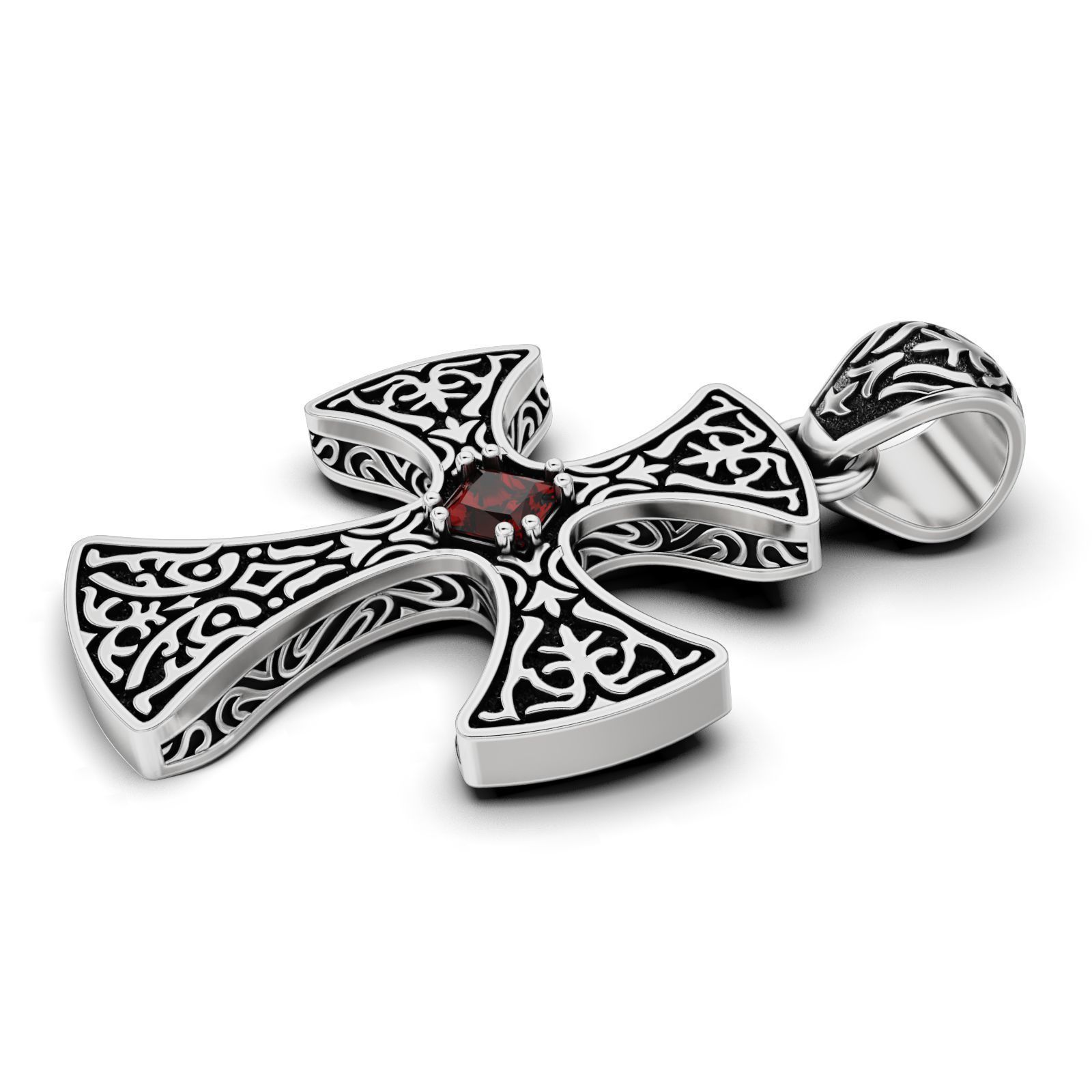 Gothic Cross Pendant with Garnet Gemstone 3D print model_5