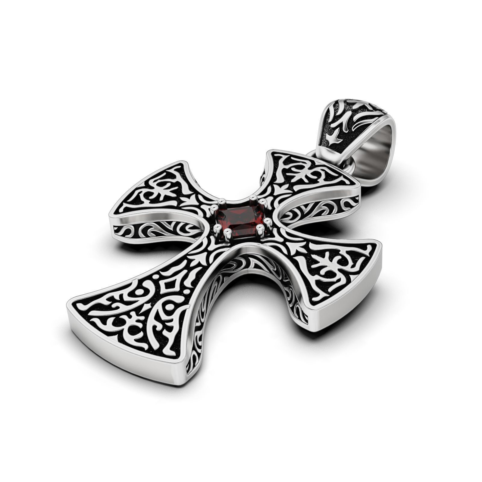 Gothic Cross Pendant with Garnet Gemstone 3D print model_4