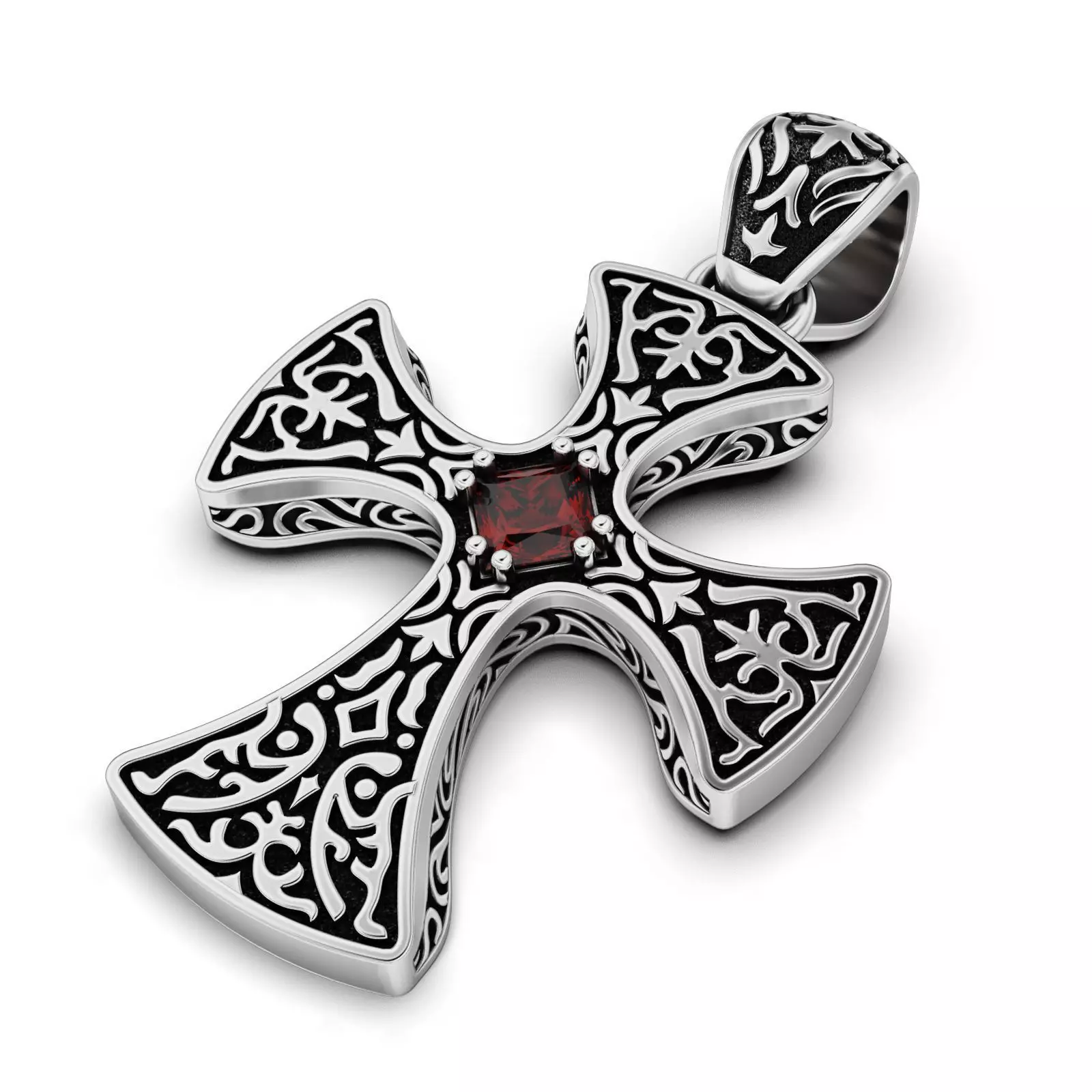 Gothic Cross Pendant with Garnet Gemstone 3D print model_0