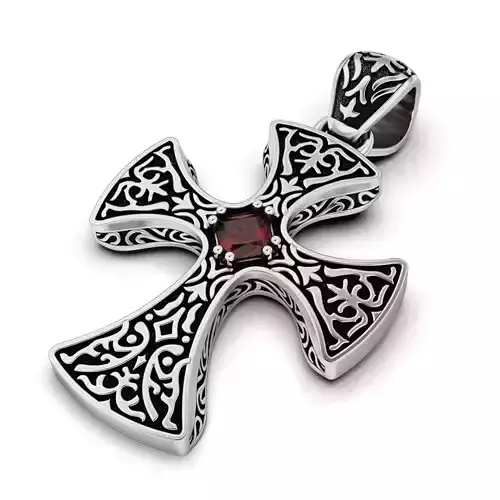 Gothic Cross Pendant with Garnet Gemstone 3D print model