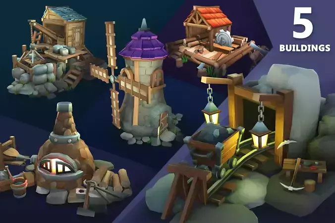 Stylized Village Resource Buildings 3D Model Collection