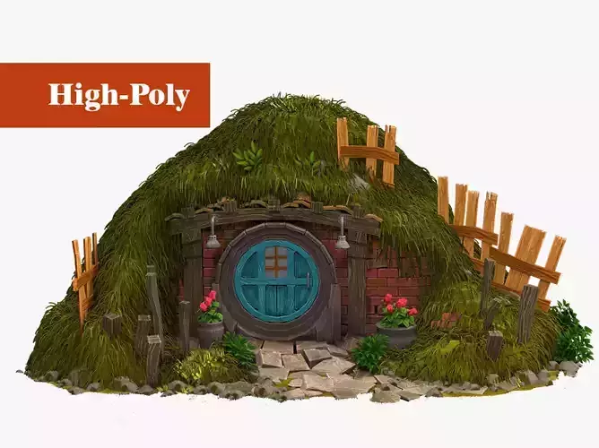 Old Hobbit House in the Hill V-Ray Fur  high-poly