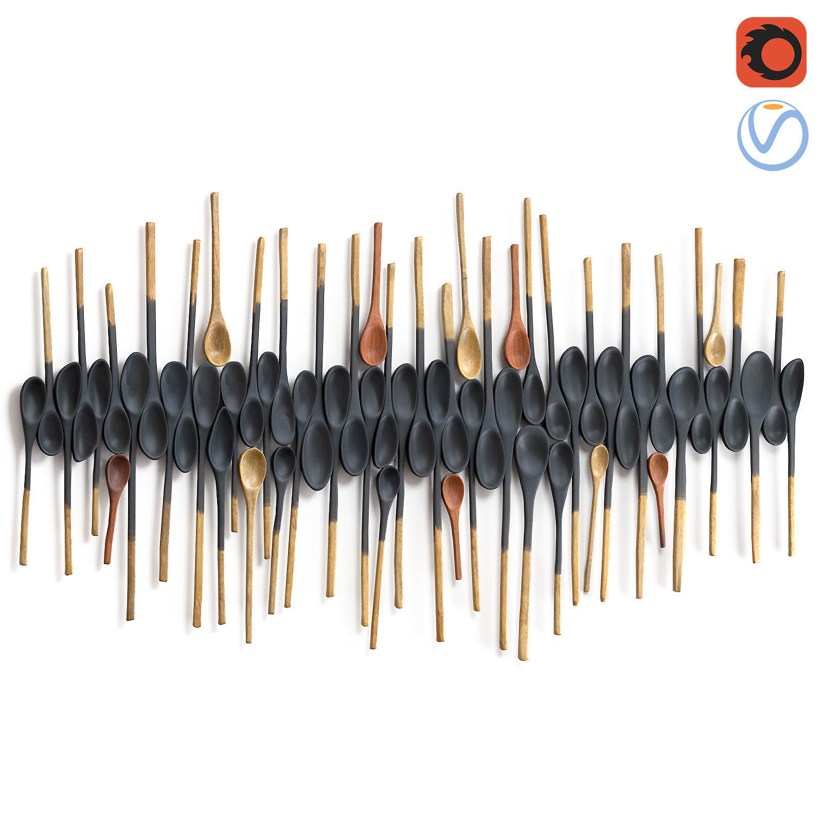 Decorative wooden set with black painted oldest spoons 3D model_1