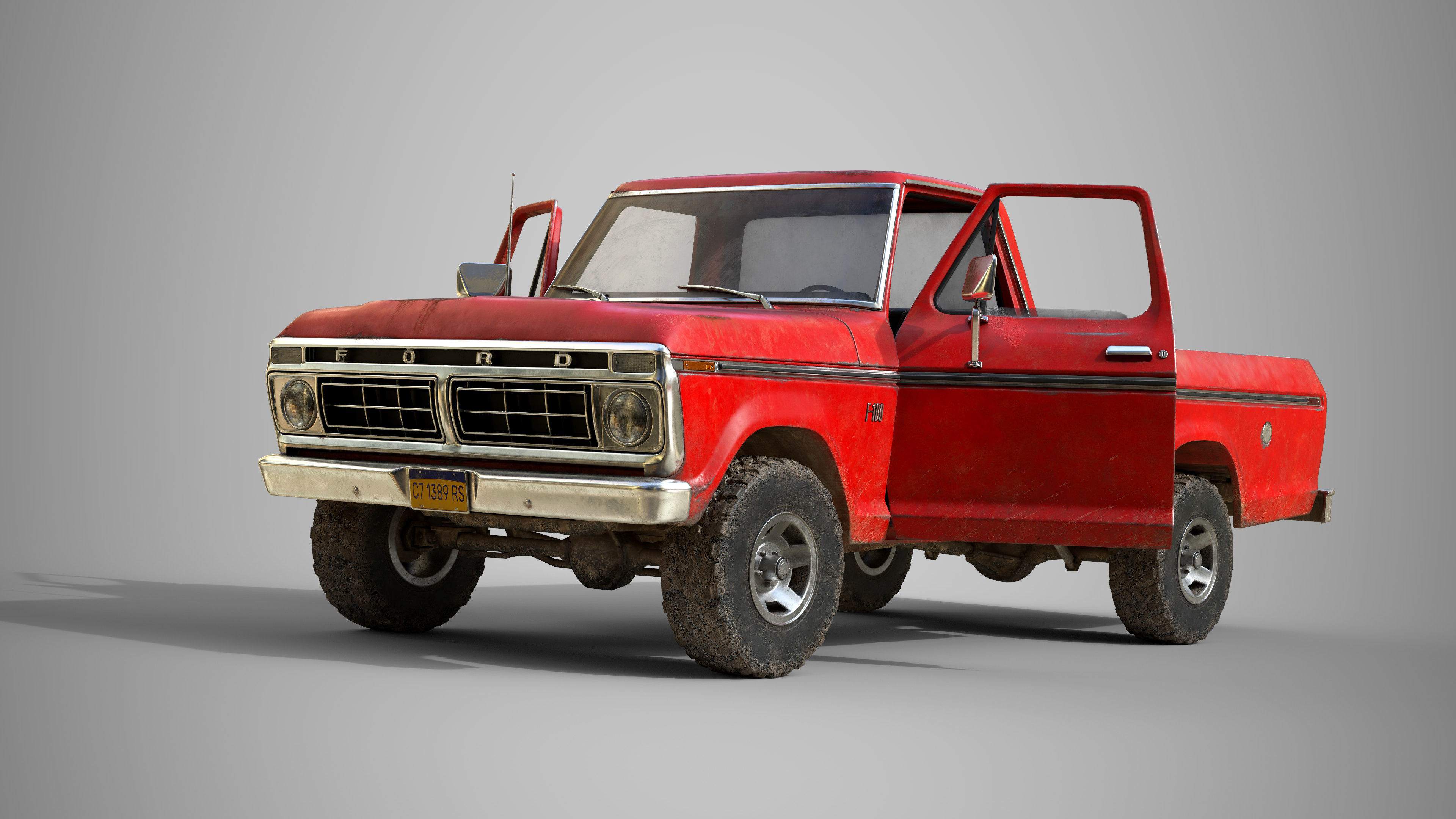 Ford Classic F100 pickup 1976 Old Red Low-poly 3D model_8