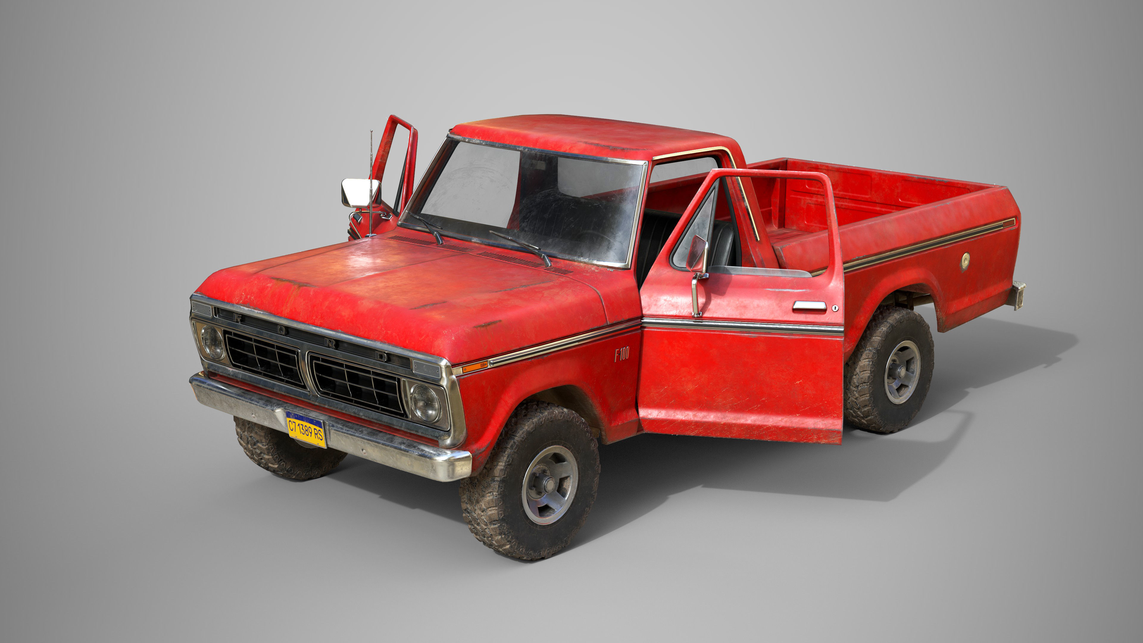 Ford Classic F100 pickup 1976 Old Red Low-poly 3D model_10
