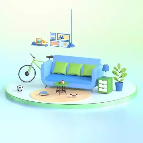 Low Poly Cozy Blue Green Living Room