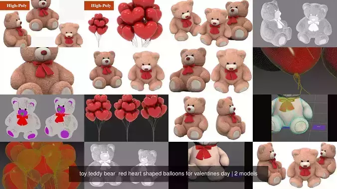 toy teddy bear  red heart shaped balloons for valentines day