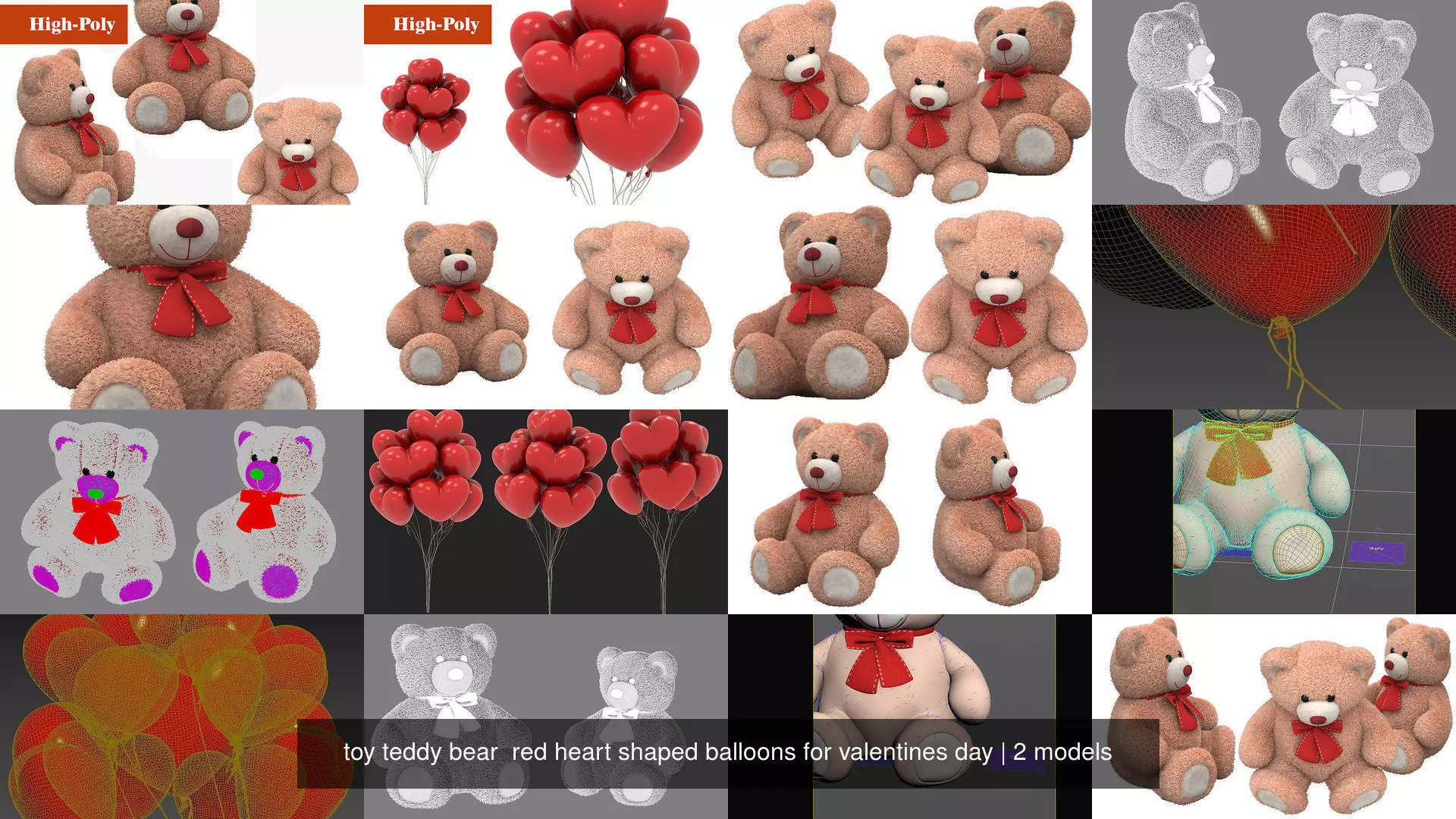 toy teddy bear red heart shaped balloons for valentines day 3D Model Collection_1