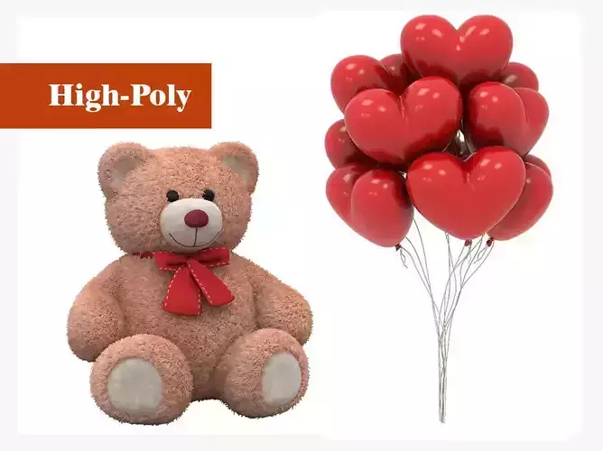 toy teddy bear  red heart shaped balloons for valentines day