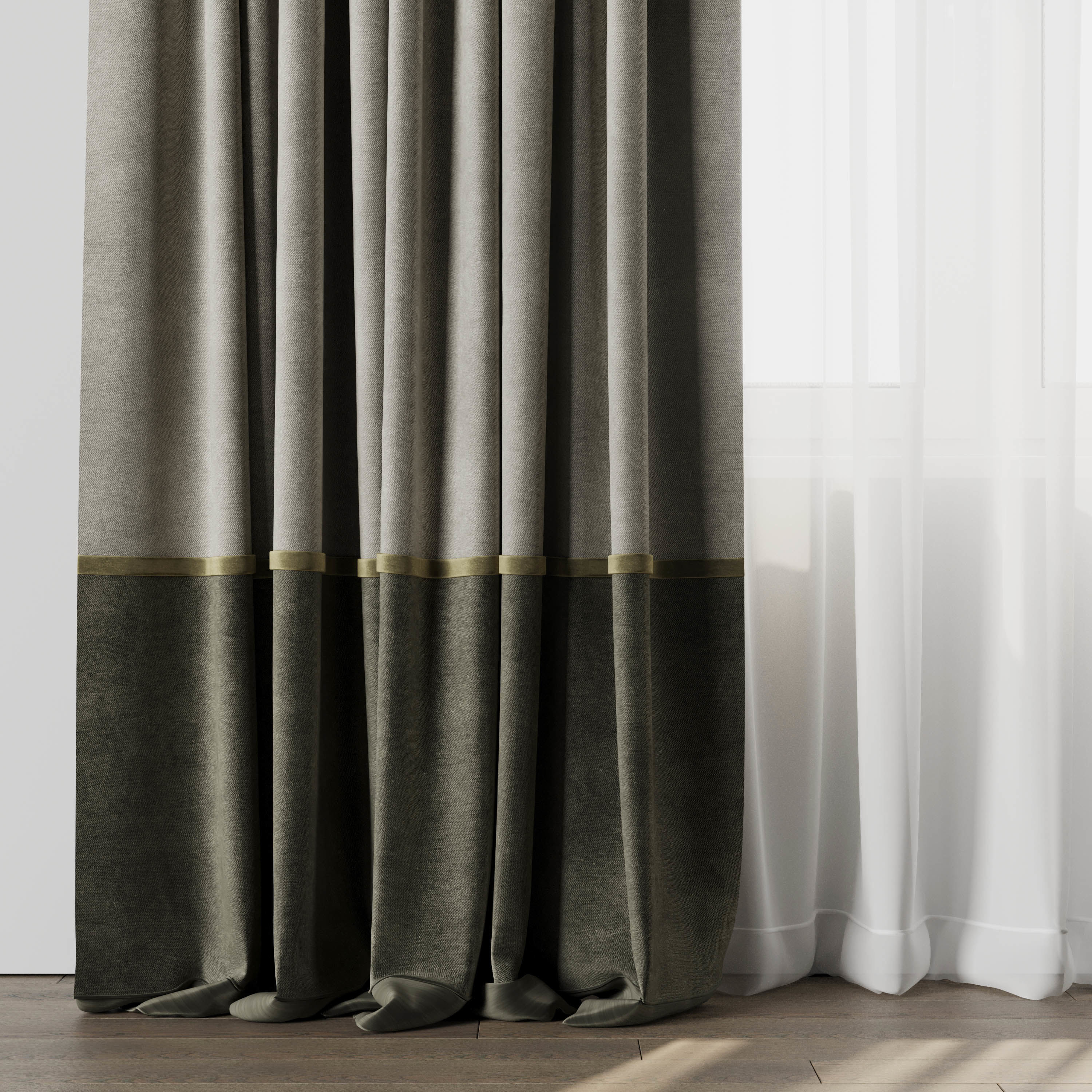 Curtain with rod 08 Curtain brown and cumin olive green Low-poly 3D model_2