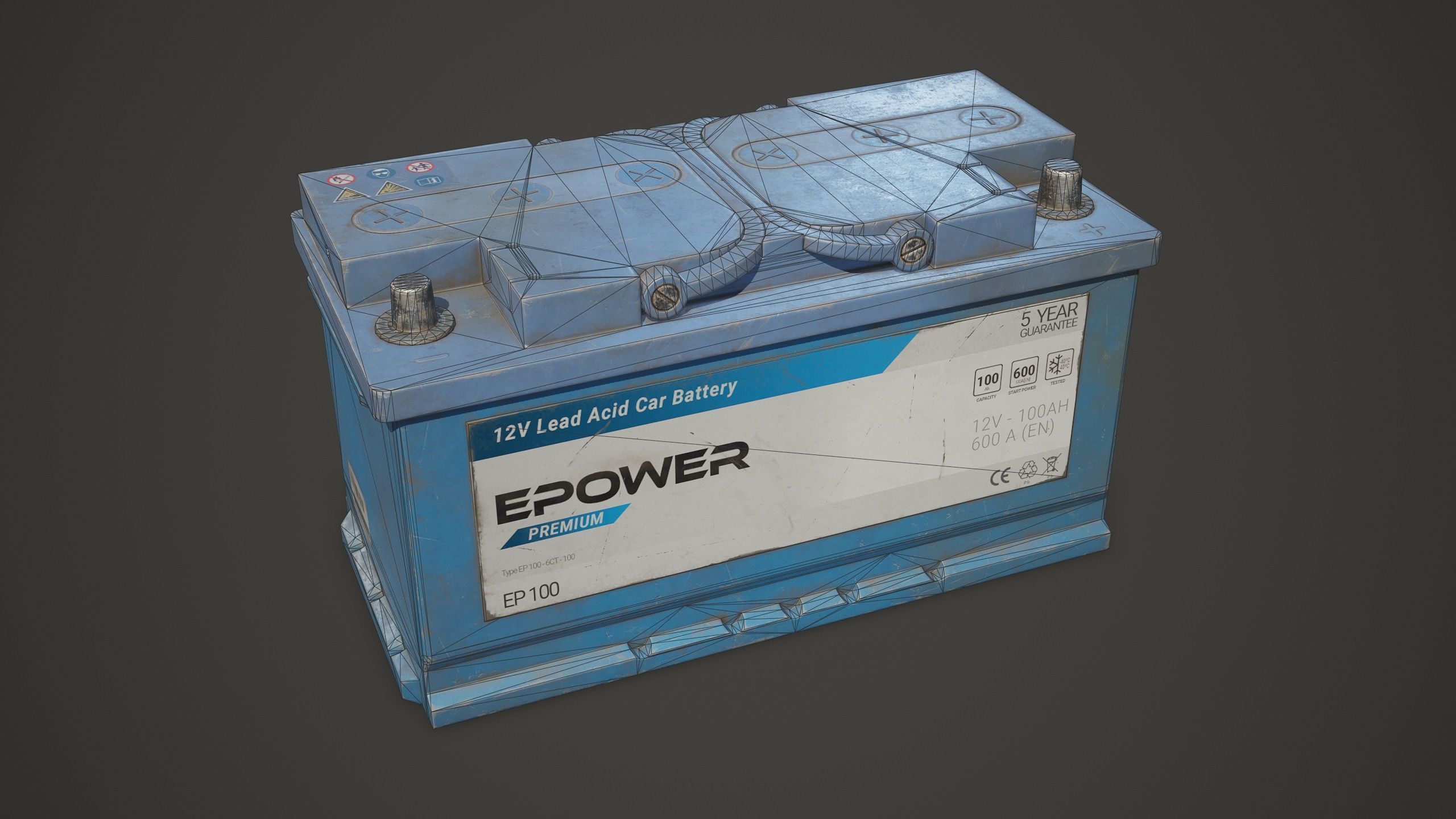 Car Battery 100 6CT 12 Volt - PBR Game Ready LODs Low-poly 3D model_9