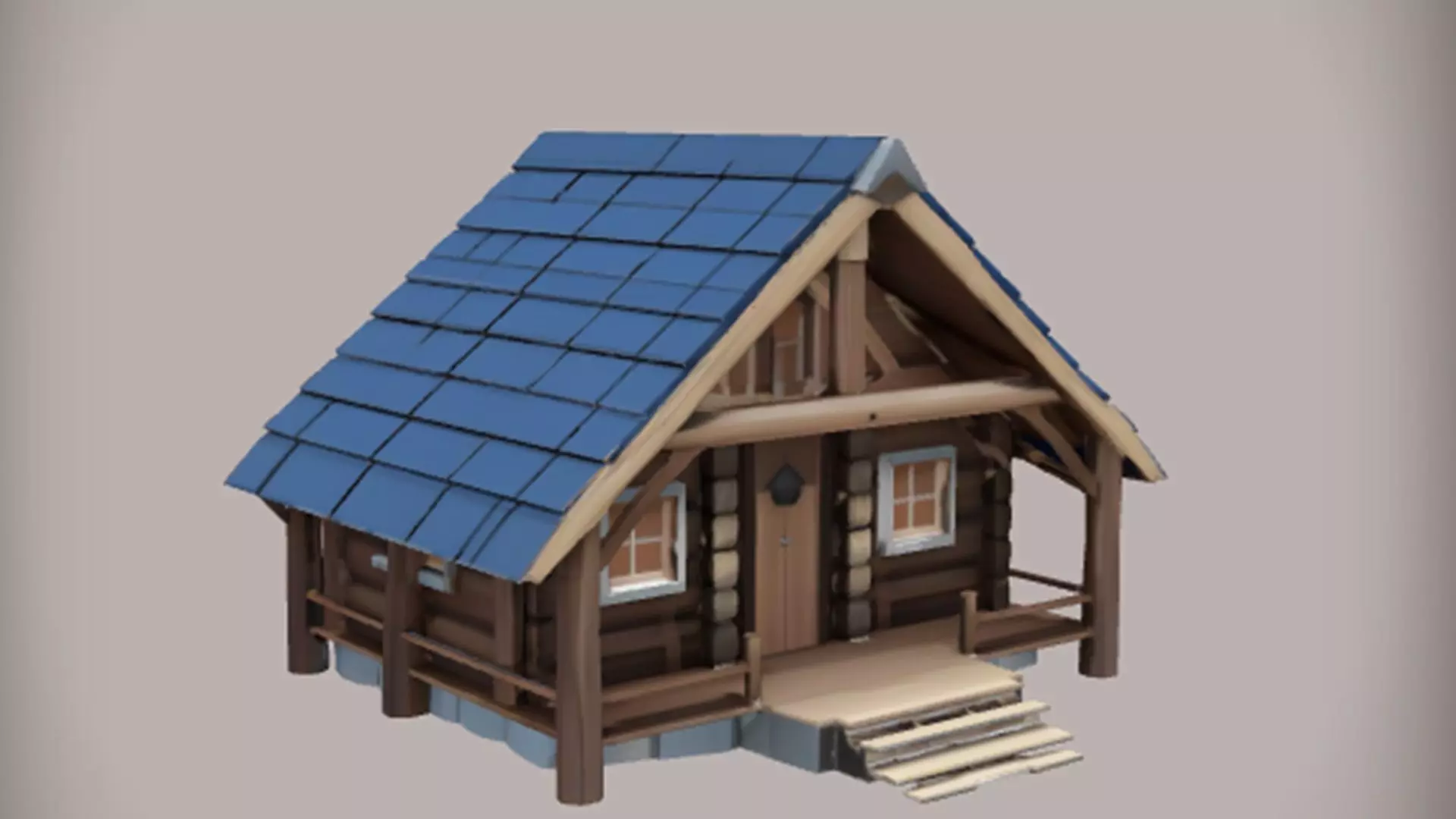 small wooden cabin with blue roof 3D model_0