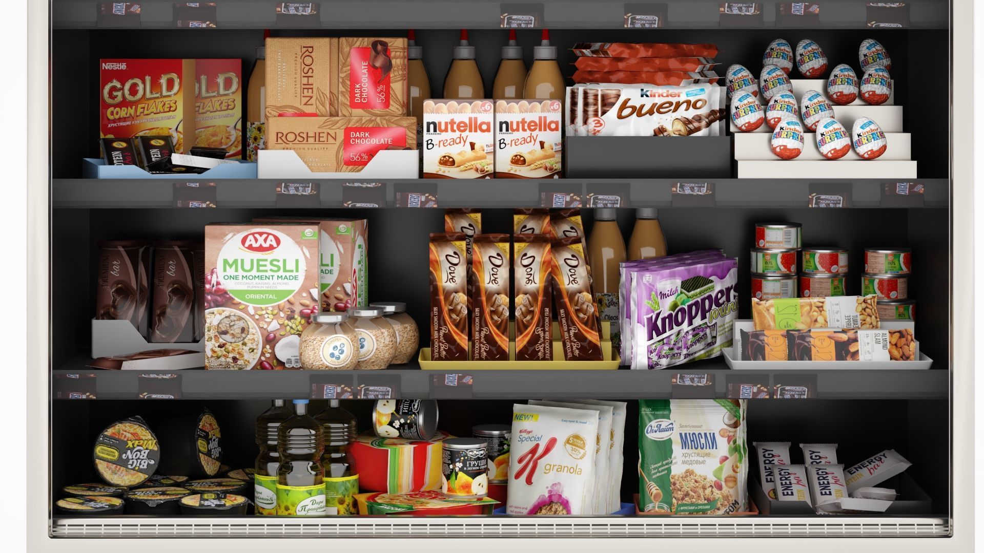 Showcase in a Supermarket with Sweets Cereals and Snack 3D model_2