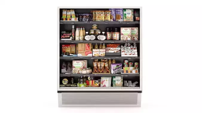 Showcase in a Supermarket with Sweets Cereals and Snack