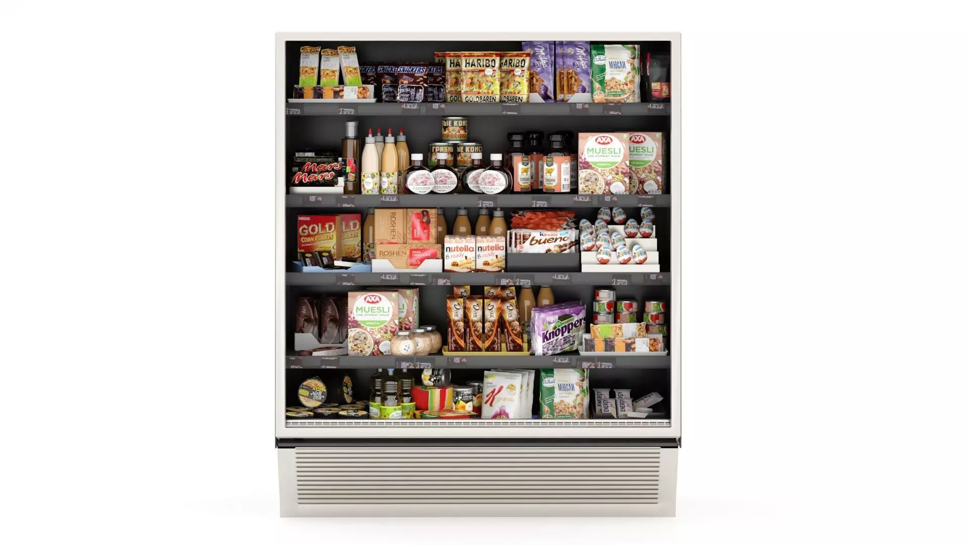 Showcase in a Supermarket with Sweets Cereals and Snack 3D model_0