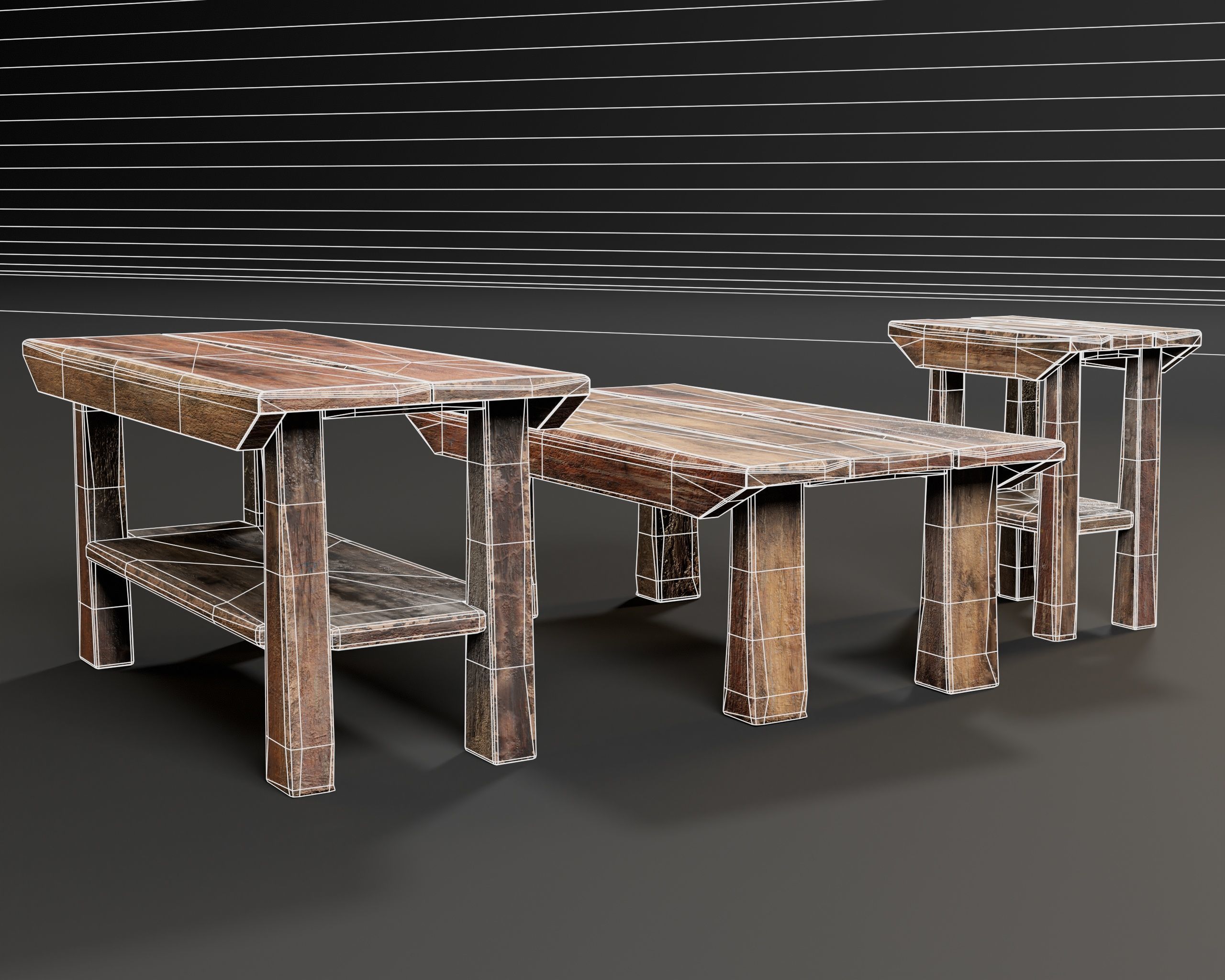 Japanese Workstation Bench Set  Low-poly 3D model_15