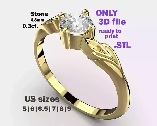 PRINTABLE WOMAN S SOLITAIRE RING leafs stone 03ct