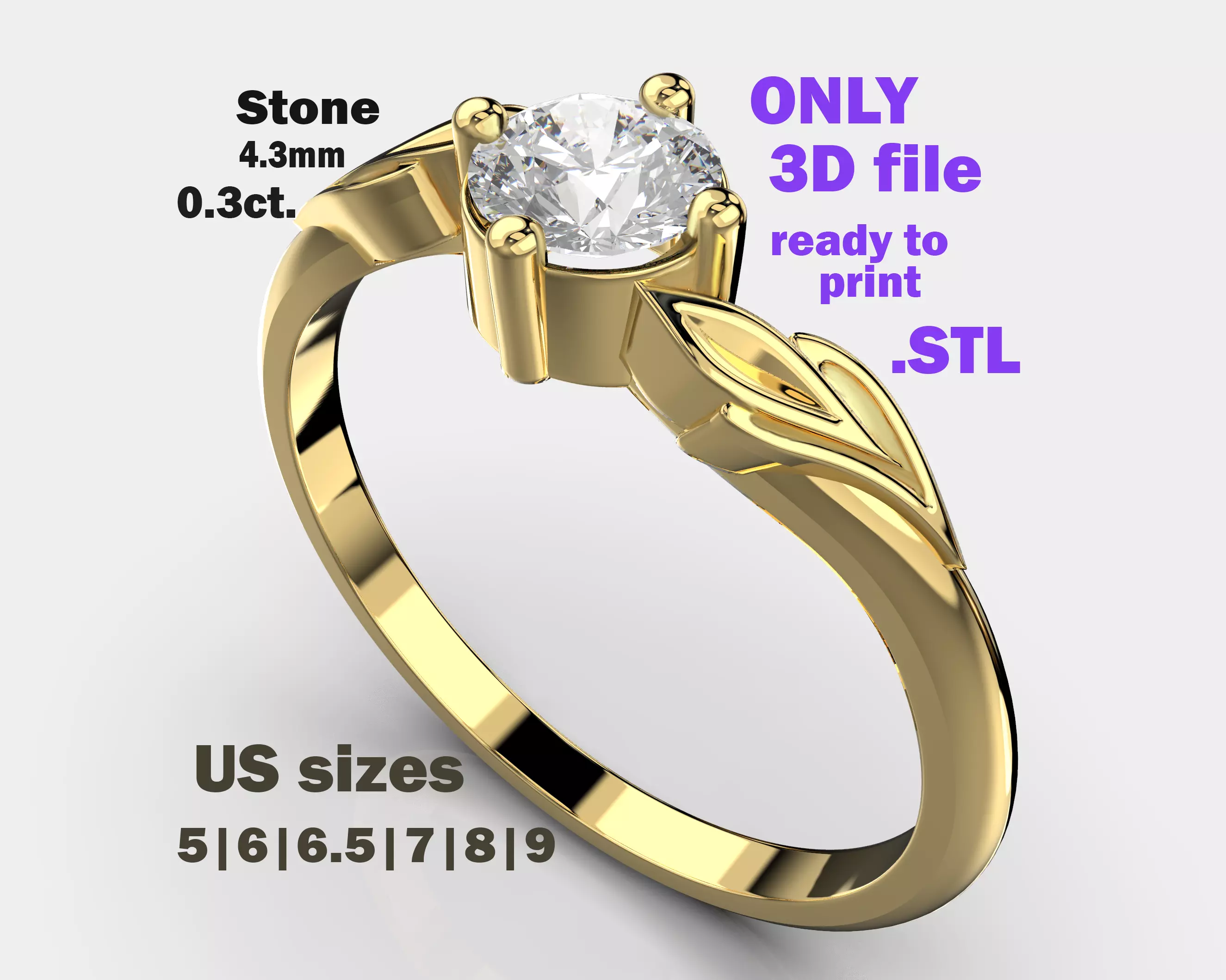 PRINTABLE WOMAN S SOLITAIRE RING leafs stone 03ct 3D print model