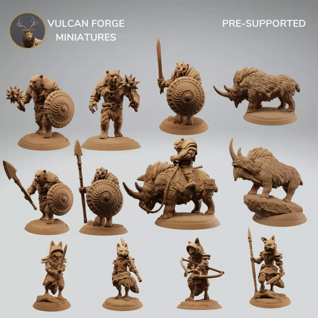 Bearfolk fox scouts and woolly rhino bundle pre supported 3D print model