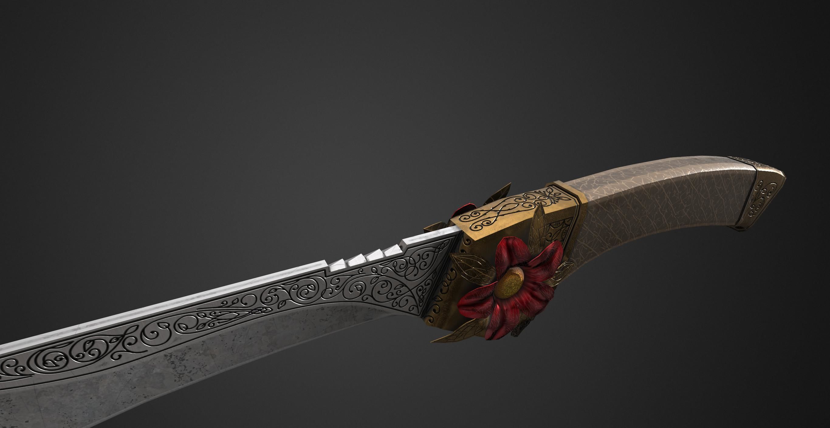 Combat knife Scarlet flower Low-poly 3D model_4