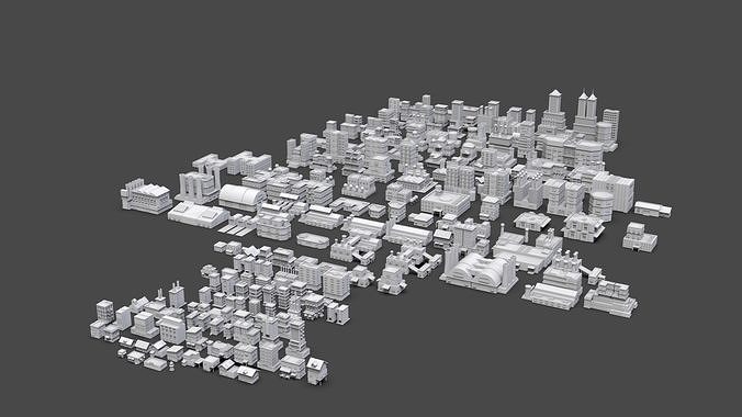 Low Poly City Buildings Pack Of 200 - Game Ready - Untextured  Low-poly 3D model 3