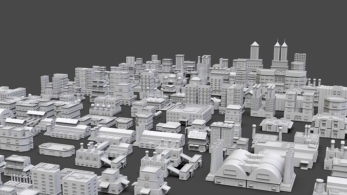 Low Poly City Buildings Pack Of 200 - Game Ready - Untextured  Low-poly 3D model 2