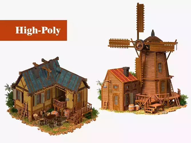 old mill with barn old farmhouse wild west high-poly 3D Model Collection
