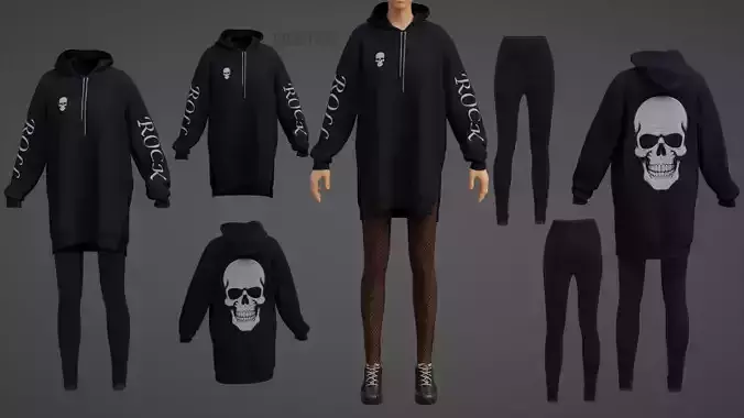 Goth Style Oversized hoodie fishnet leggings Grunge Skull Outfit 3D model