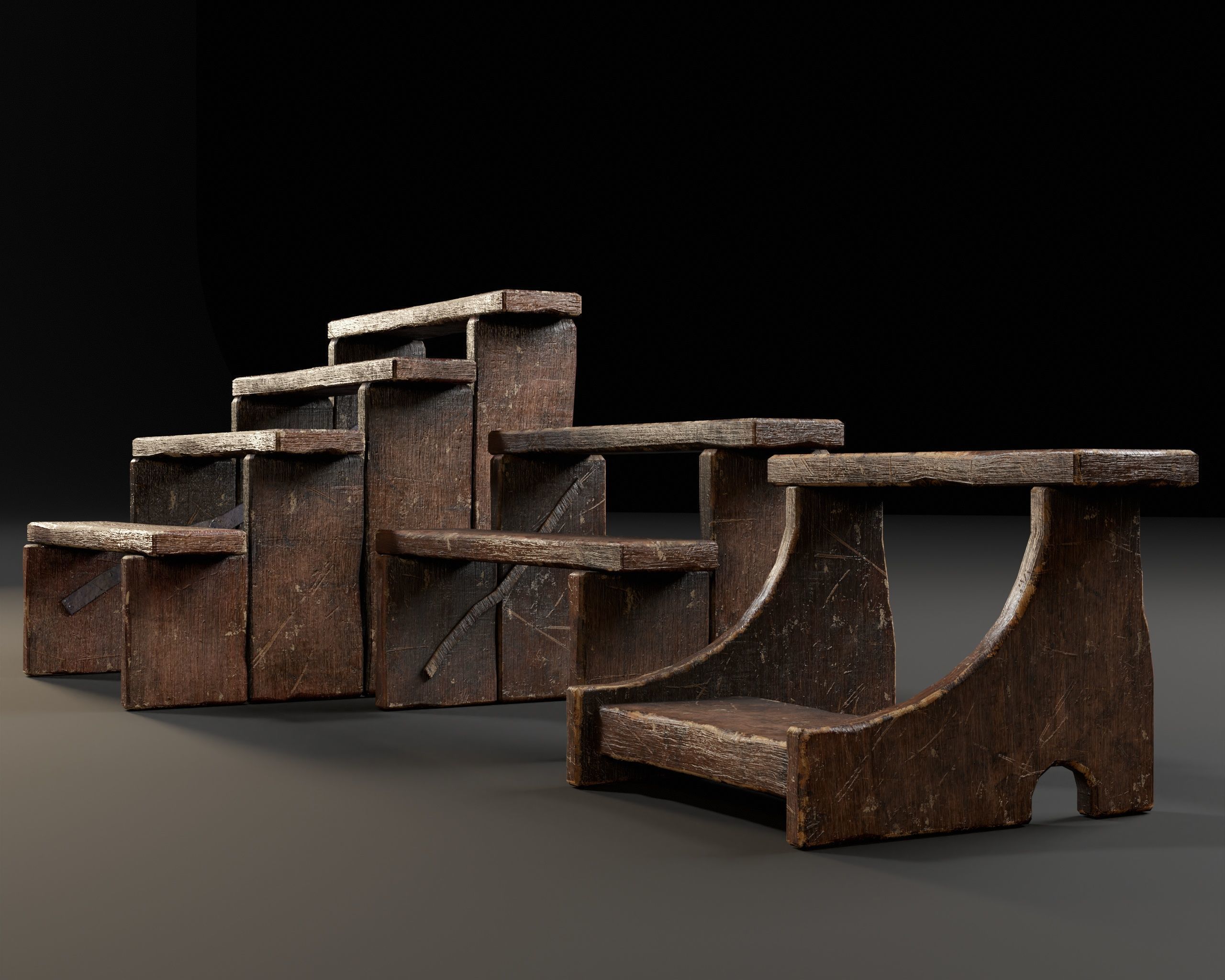 Rustic Wooden Stools Low-poly 3D model_10