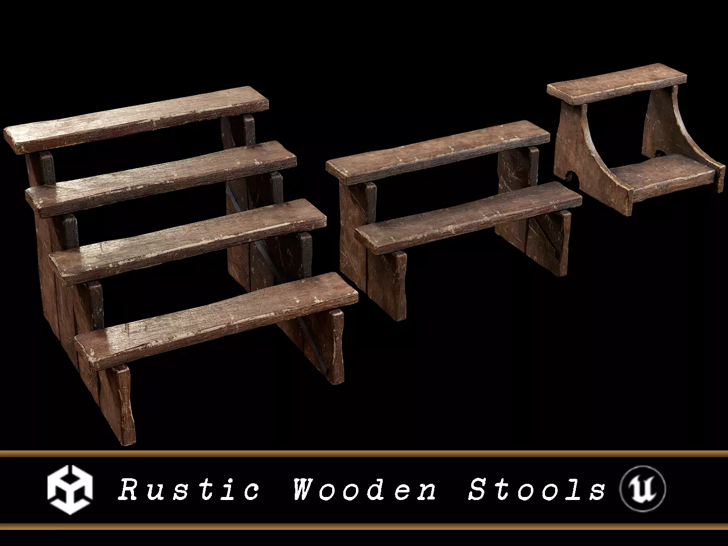 Rustic Wooden Stools Low-poly 3D model_0