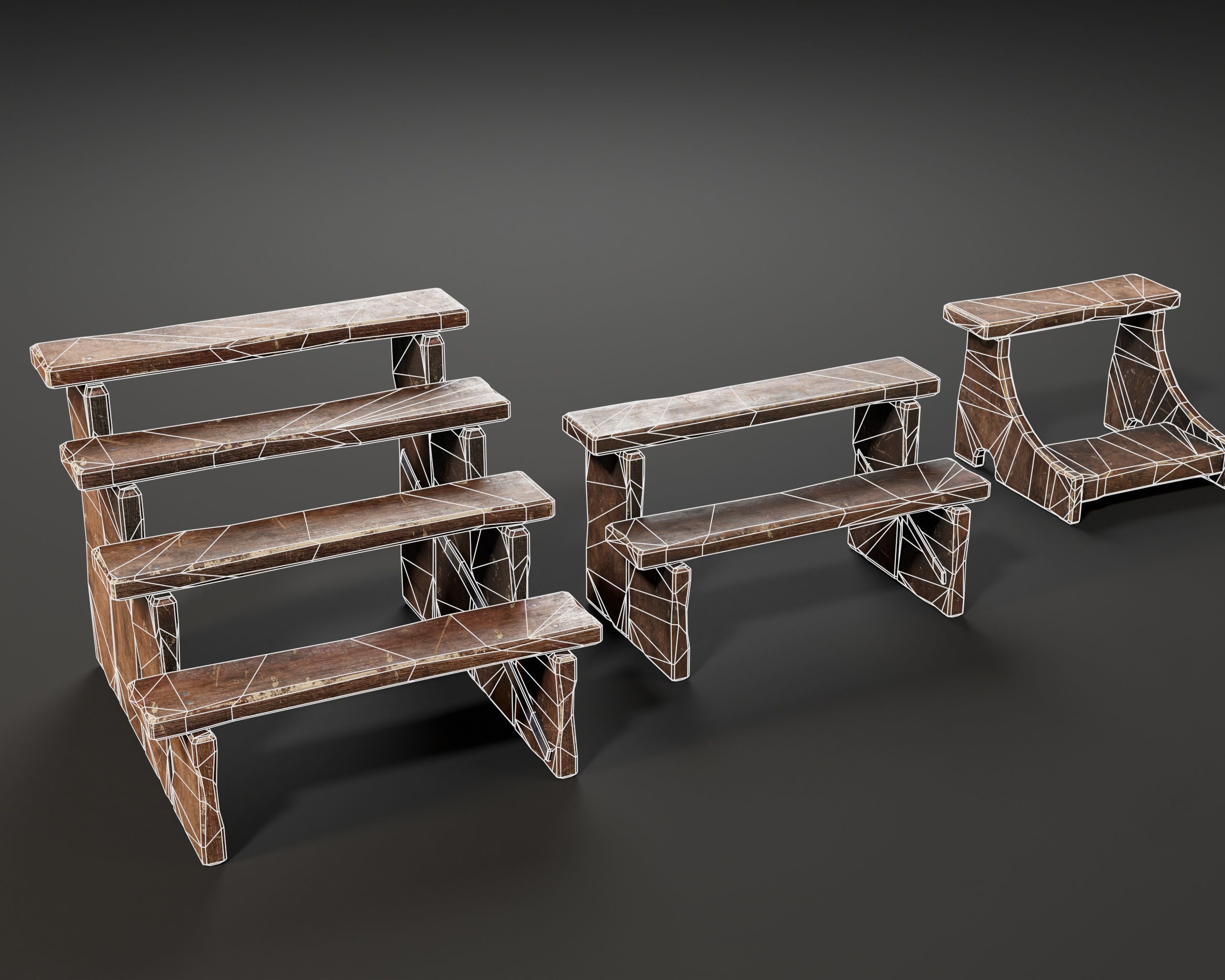 Rustic Wooden Stools Low-poly 3D model_3