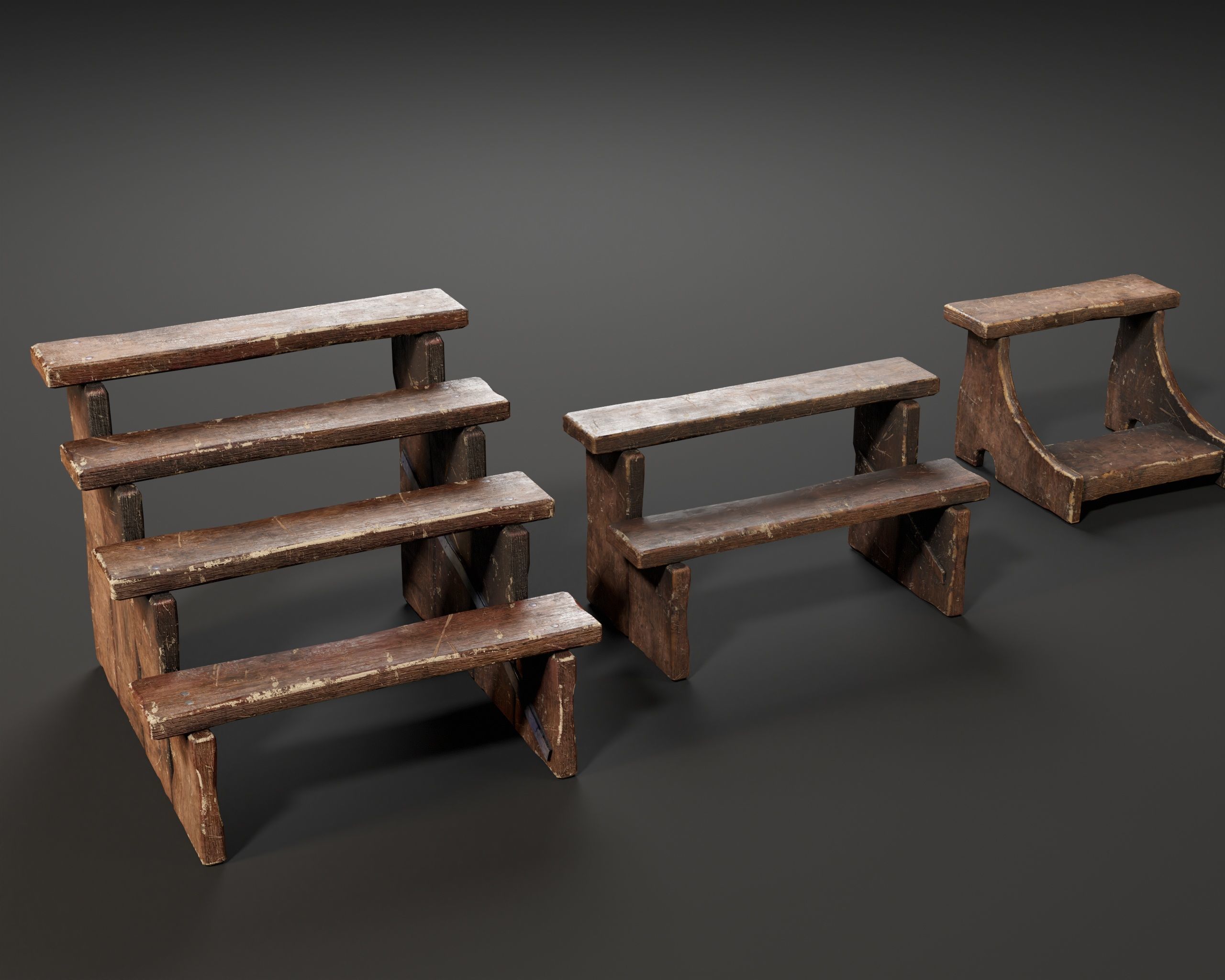 Rustic Wooden Stools Low-poly 3D model_2