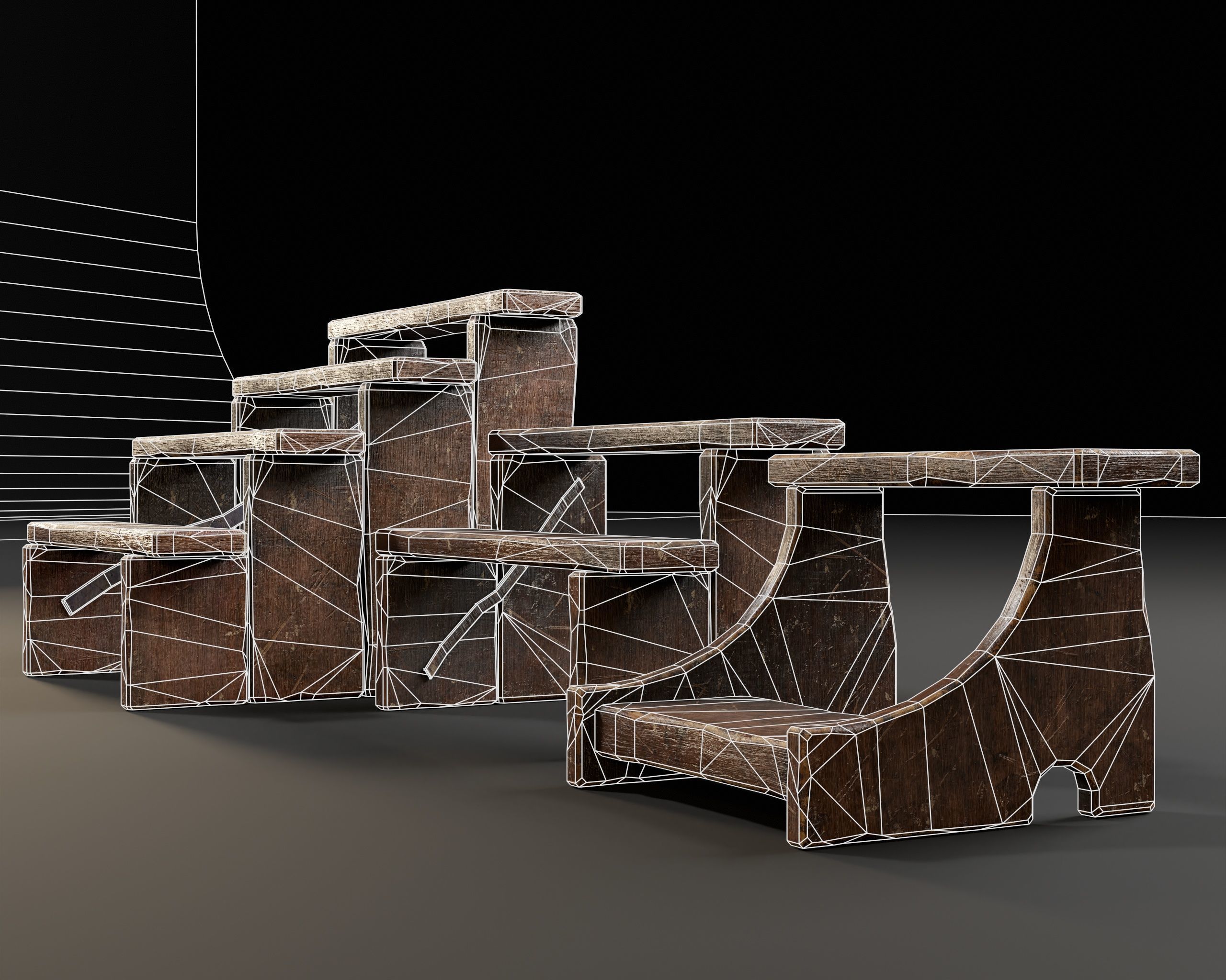 Rustic Wooden Stools Low-poly 3D model_11