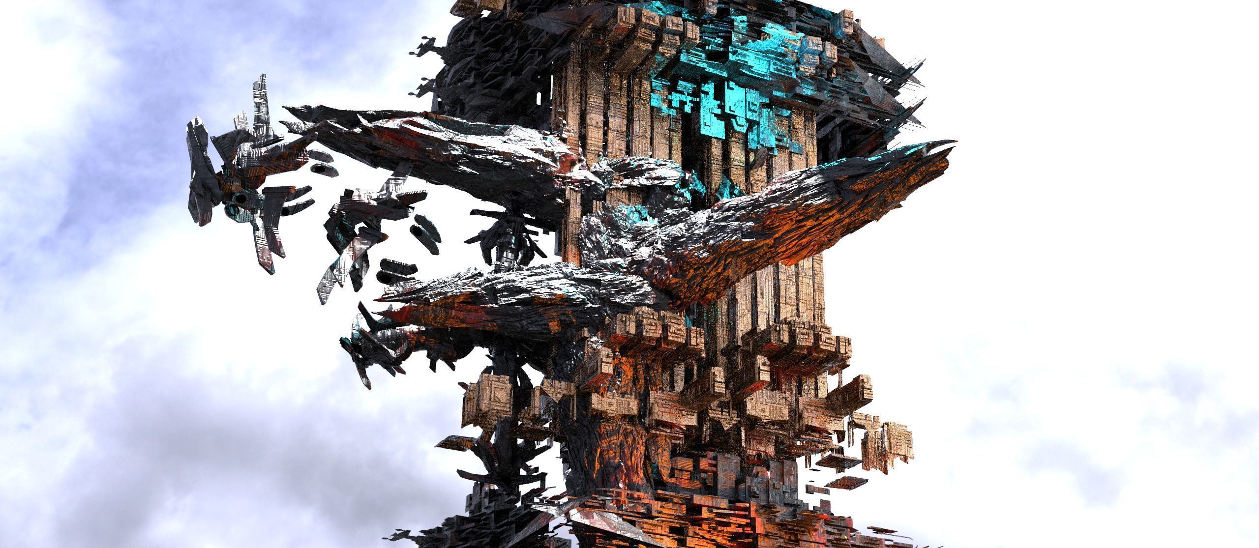 Cyberpunk asteroid tower city 2  3D model_1