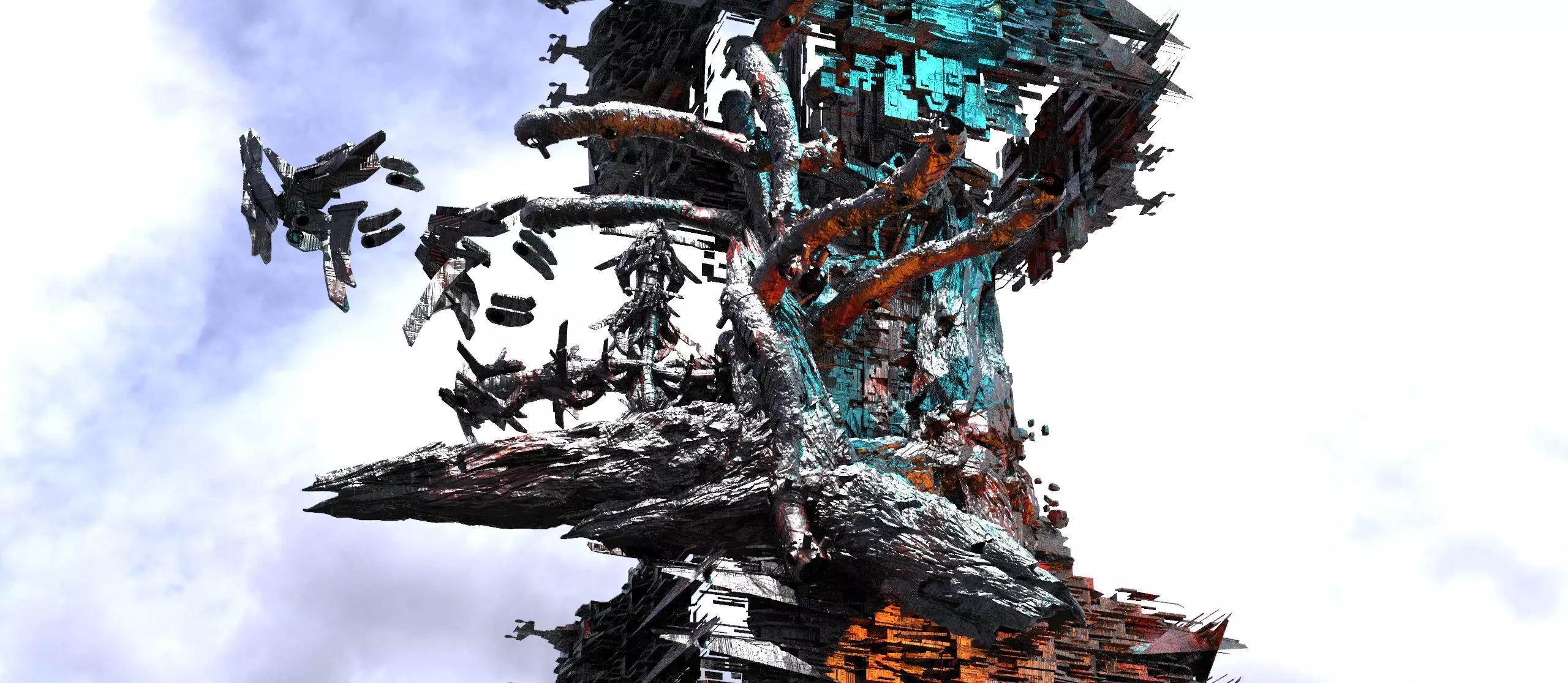 Cyberpunk asteroid tower tree 3D model_0