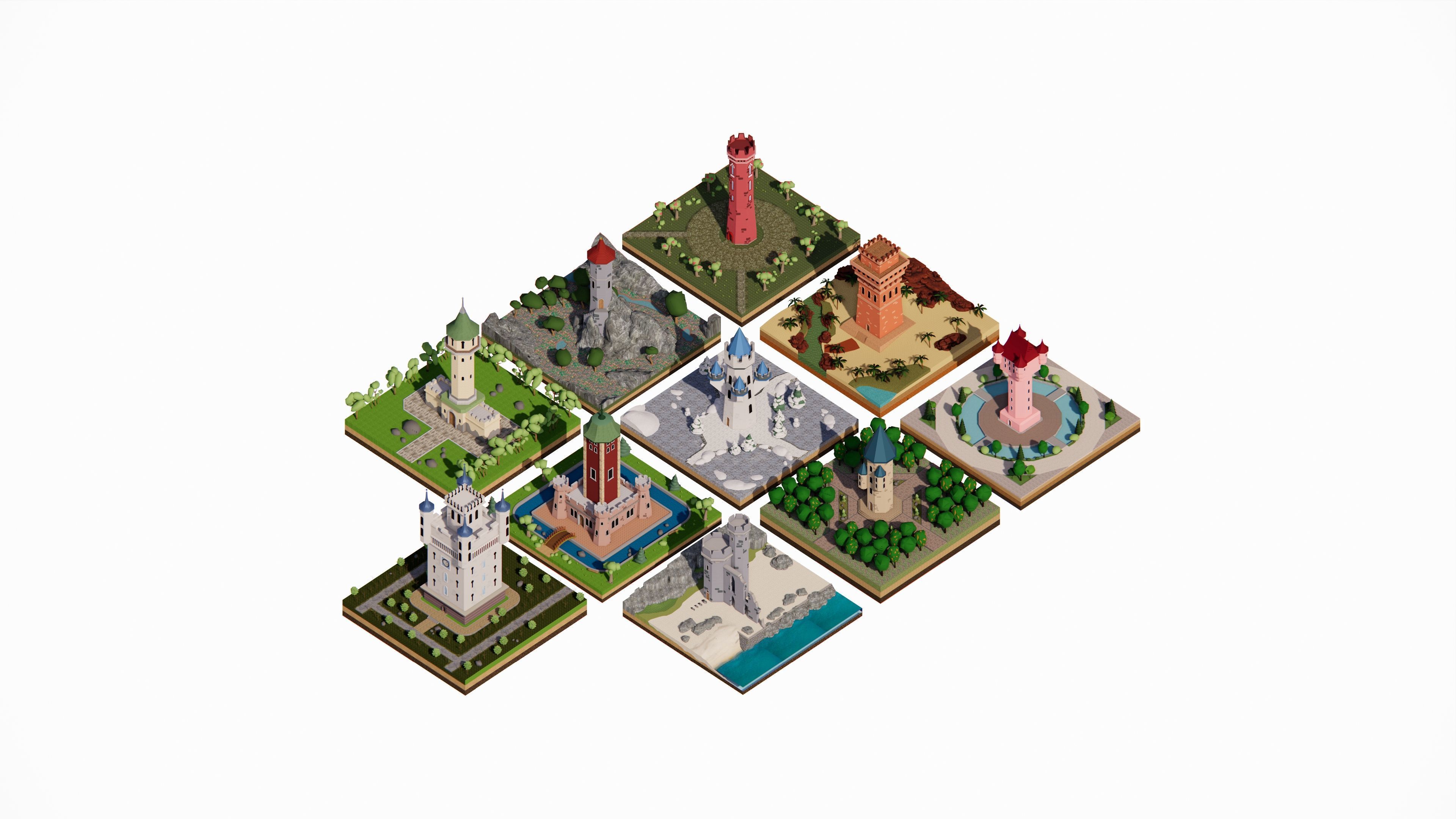 Middle Age Tower Pack Collection Low-poly 3D model_2