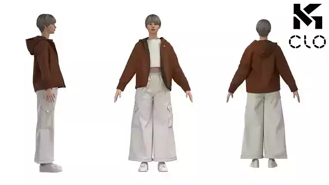 Casual Hoodie and Wide Leg Baggy Stylish Pants Designed in Clo3D 3D model