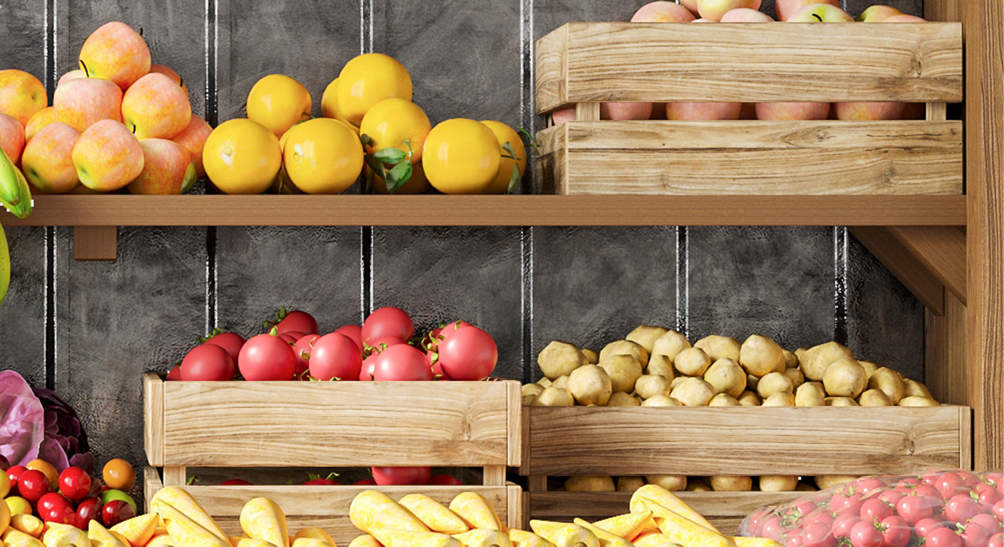 Display case with fruits and vegetables at the market 3D model_6