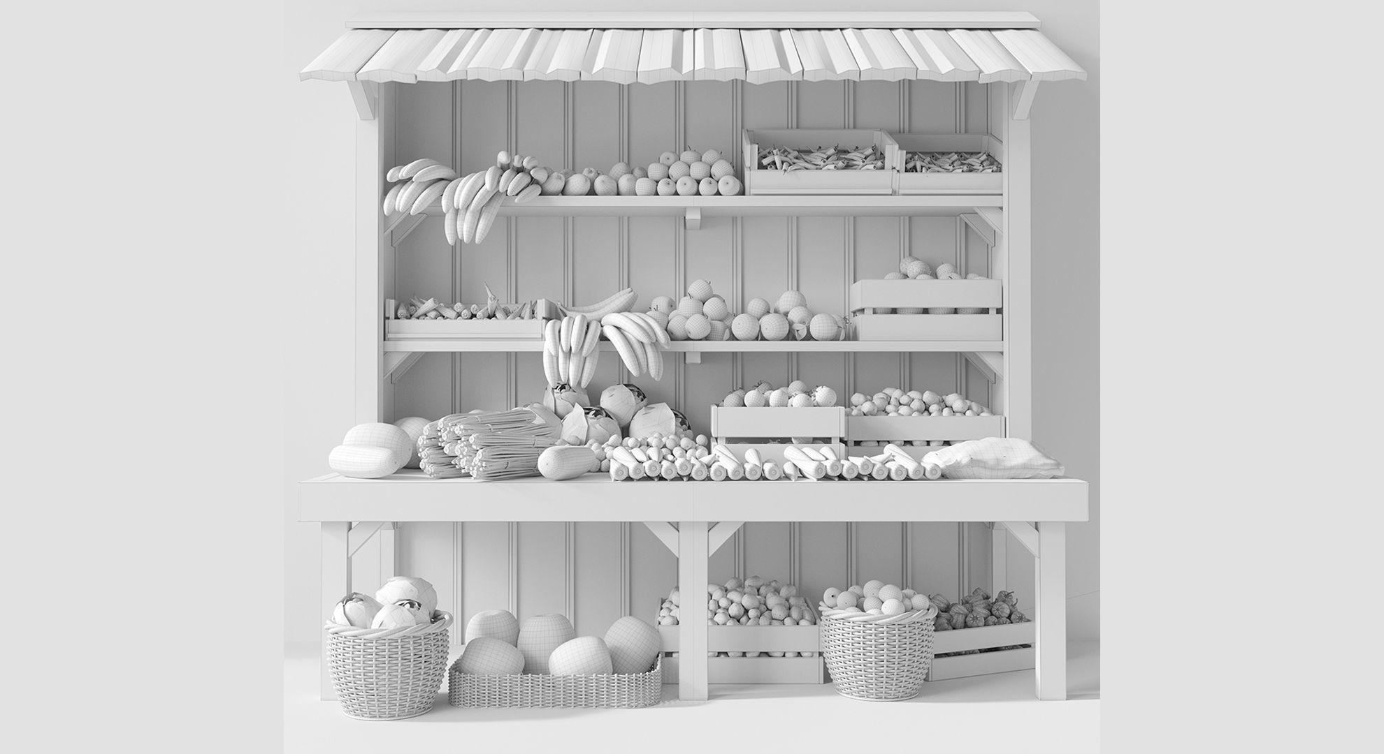 Display case with fruits and vegetables at the market 3D model_1