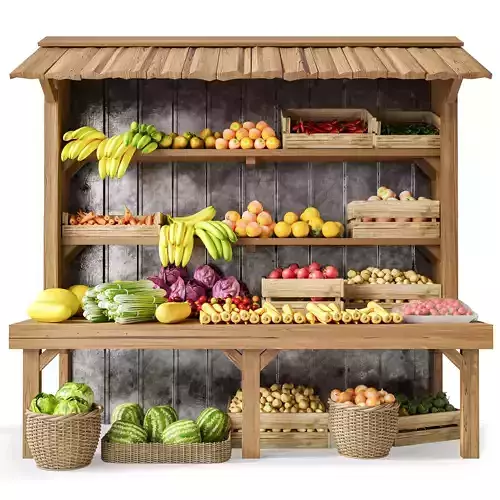 Display case with fruits and vegetables at the market
